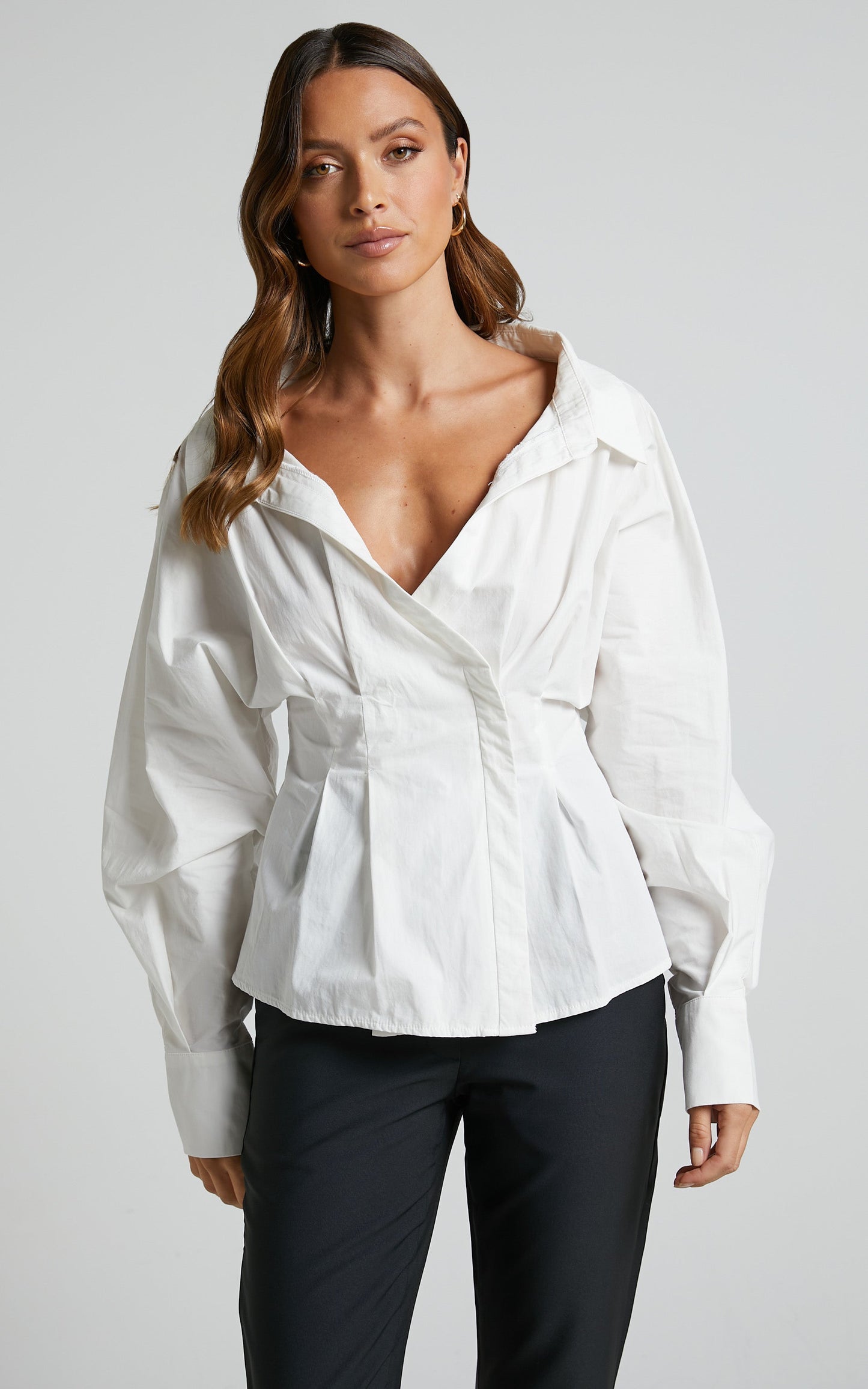 Elenina Shirt - Long Sleeve Pleat Waist Shirt in White