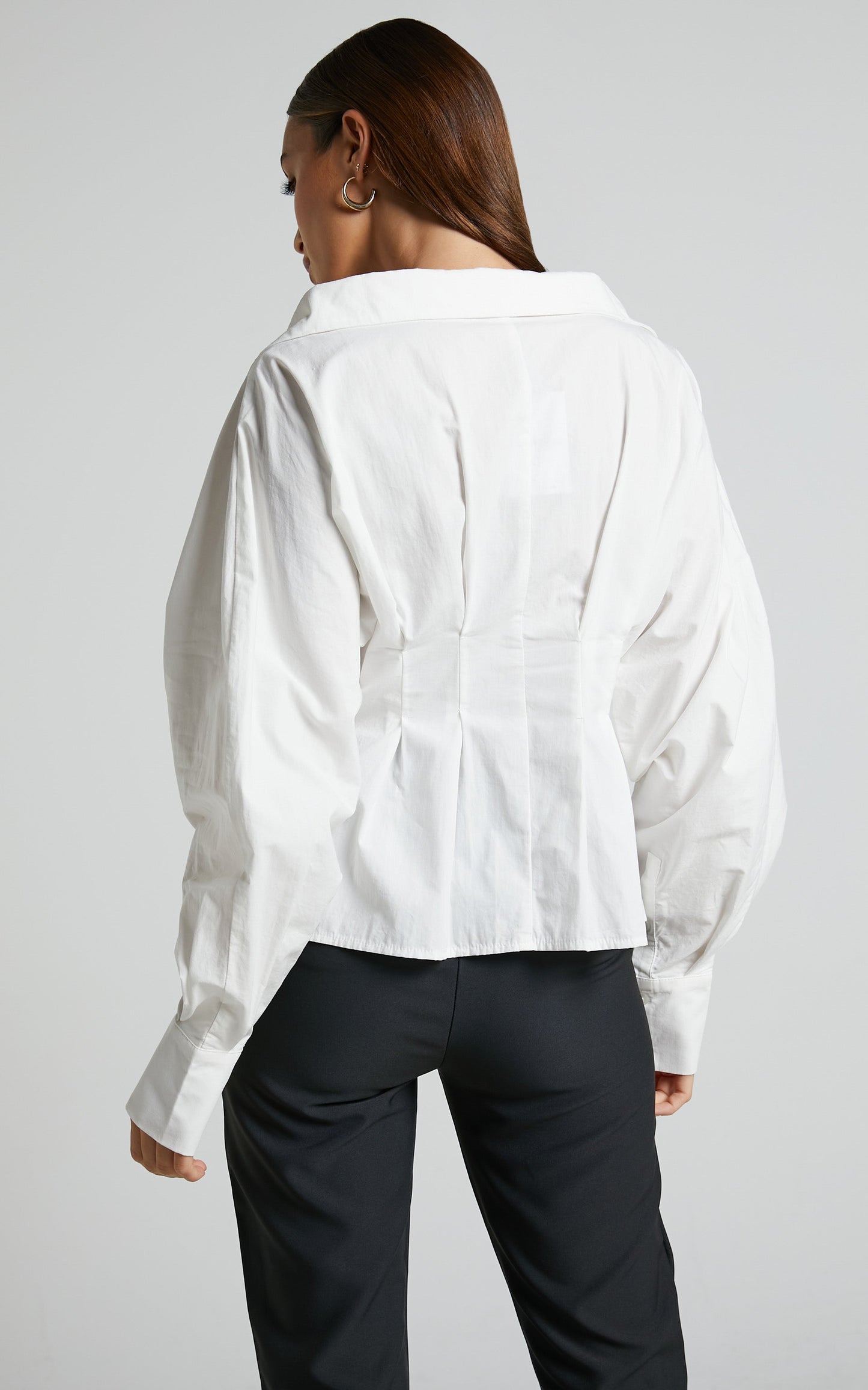 Elenina Shirt - Long Sleeve Pleat Waist Shirt in White