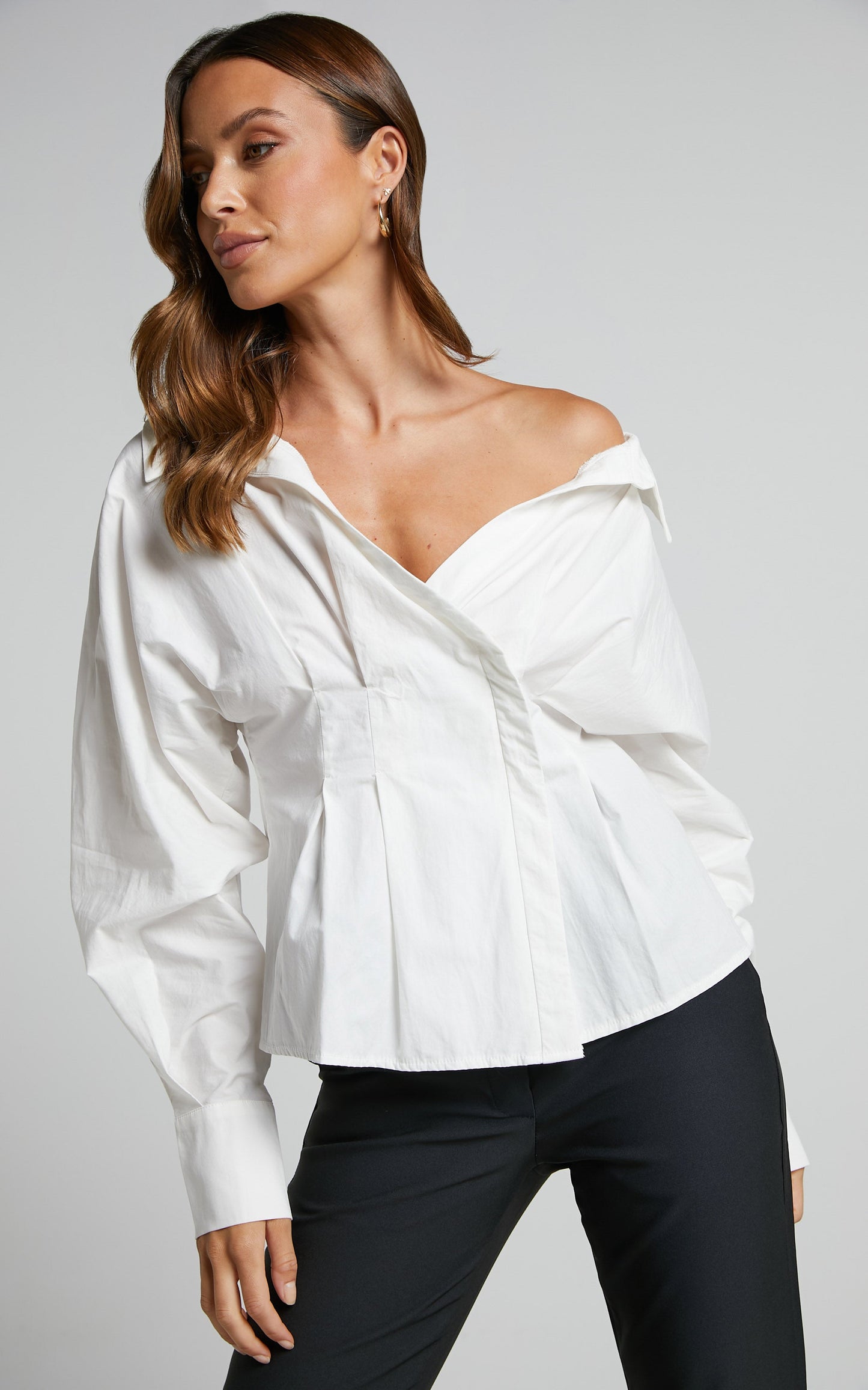 Elenina Shirt - Long Sleeve Pleat Waist Shirt in White