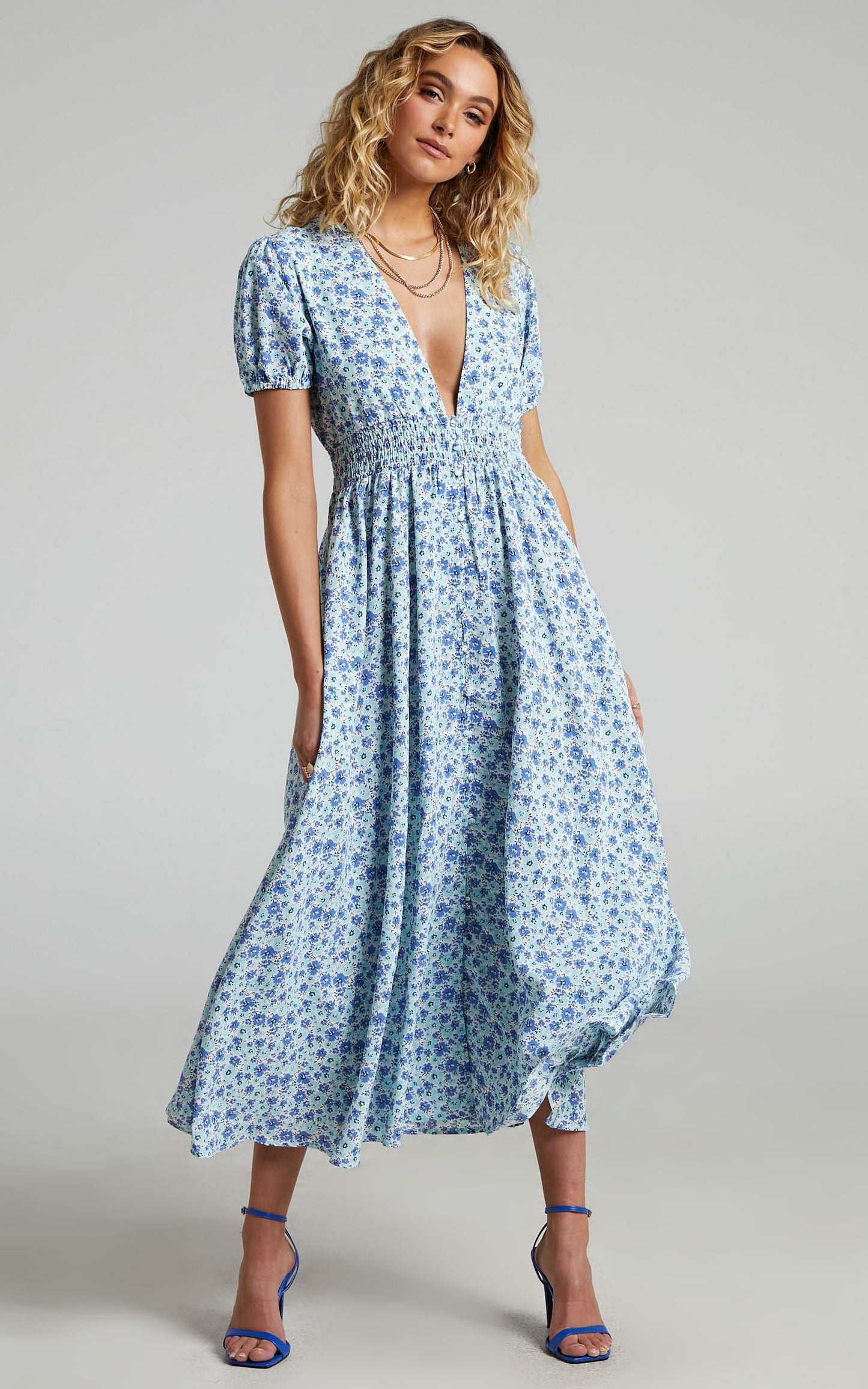 Elenita Midi Dress - Short Sleeve Shirred Waist Dress in Blue Floral