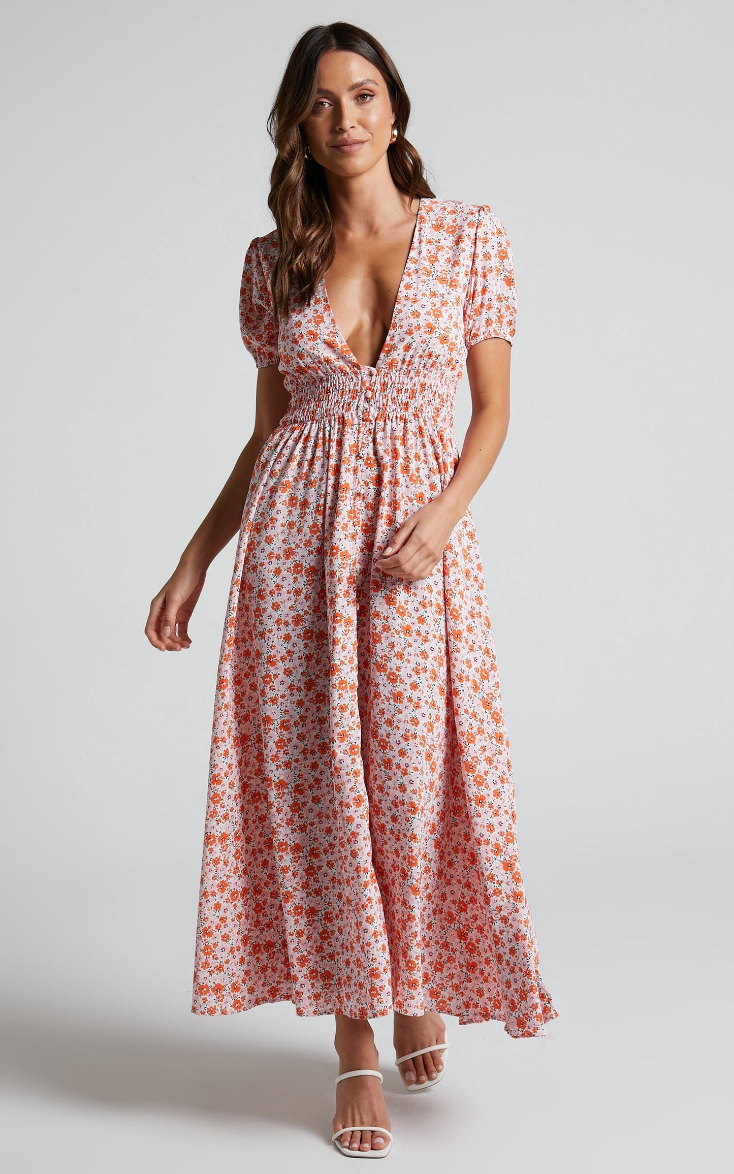 Elenita Midi Dress - Short Sleeve Shirred Waist Dress in Pink Floral