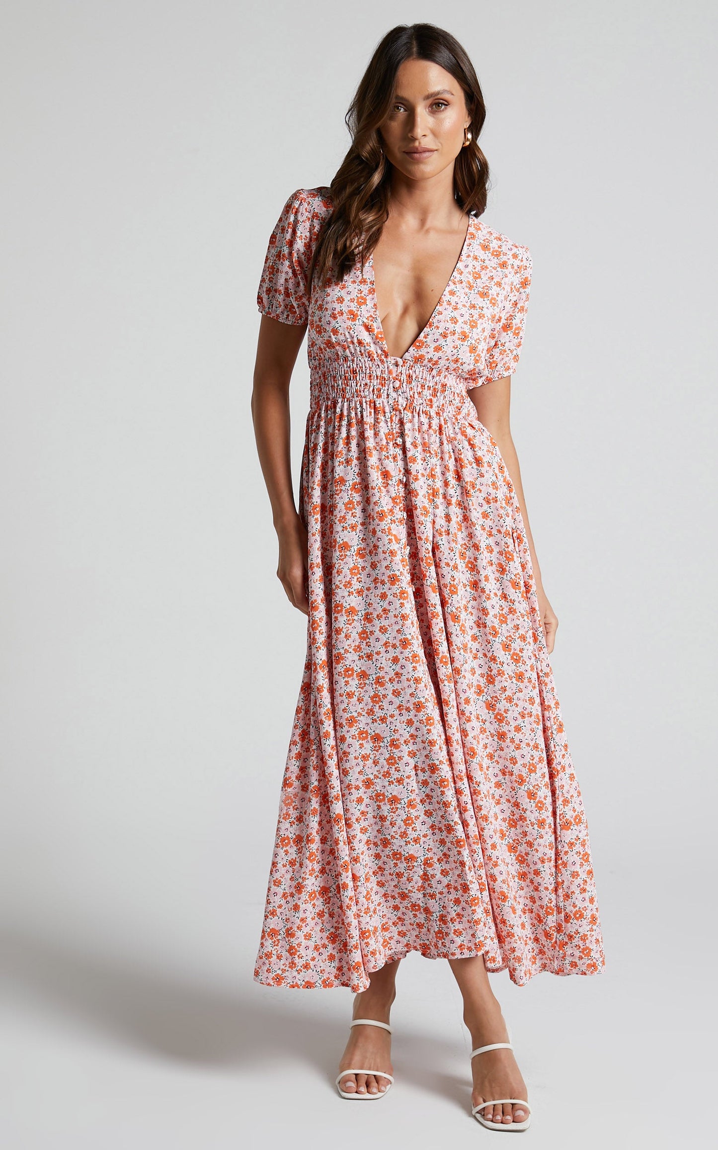 Elenita Midi Dress - Short Sleeve Shirred Waist Dress in Pink Floral