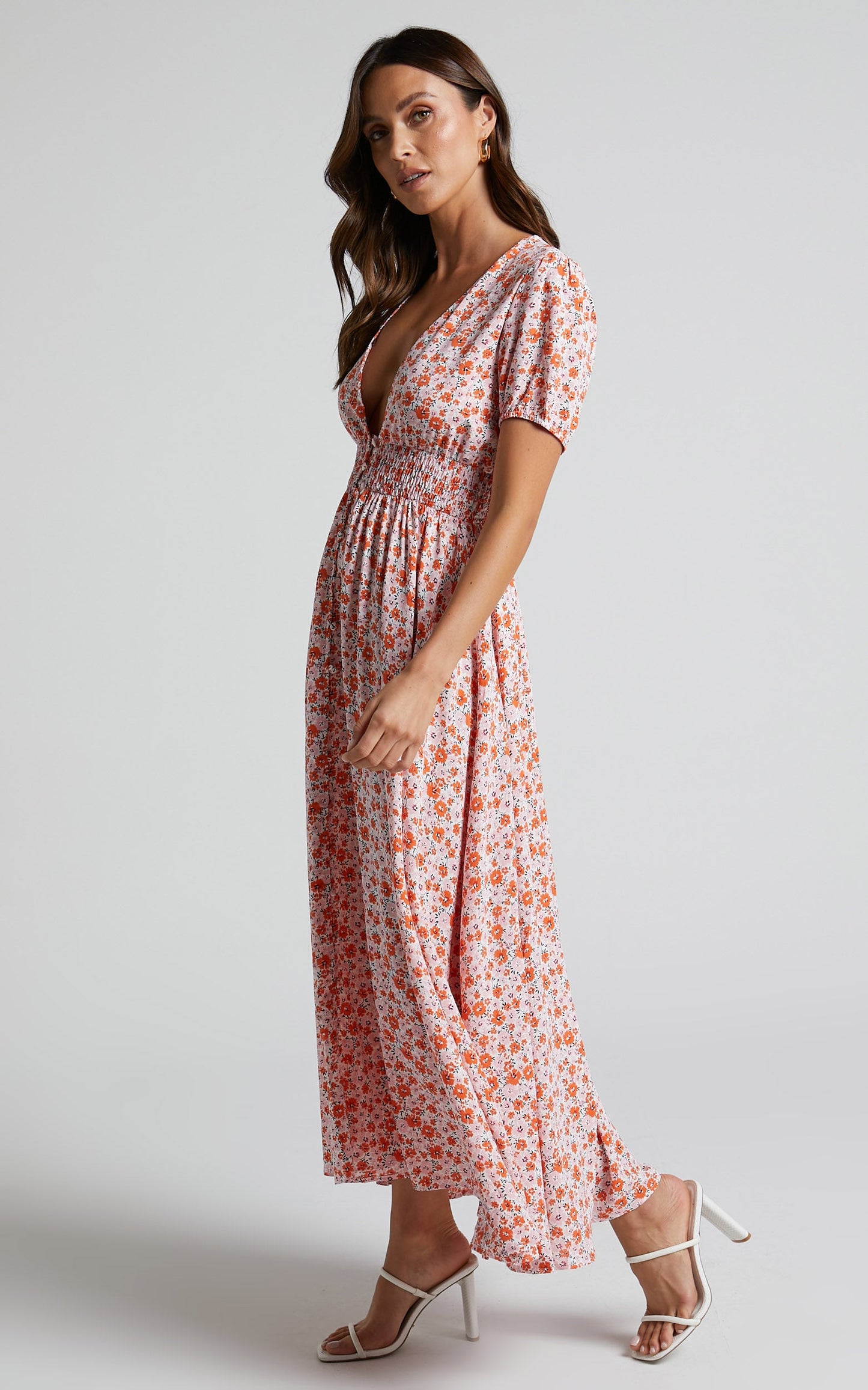Elenita Midi Dress - Short Sleeve Shirred Waist Dress in Pink Floral