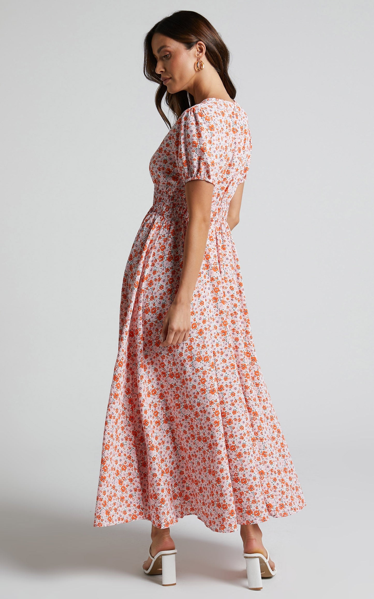 Elenita Midi Dress - Short Sleeve Shirred Waist Dress in Pink Floral