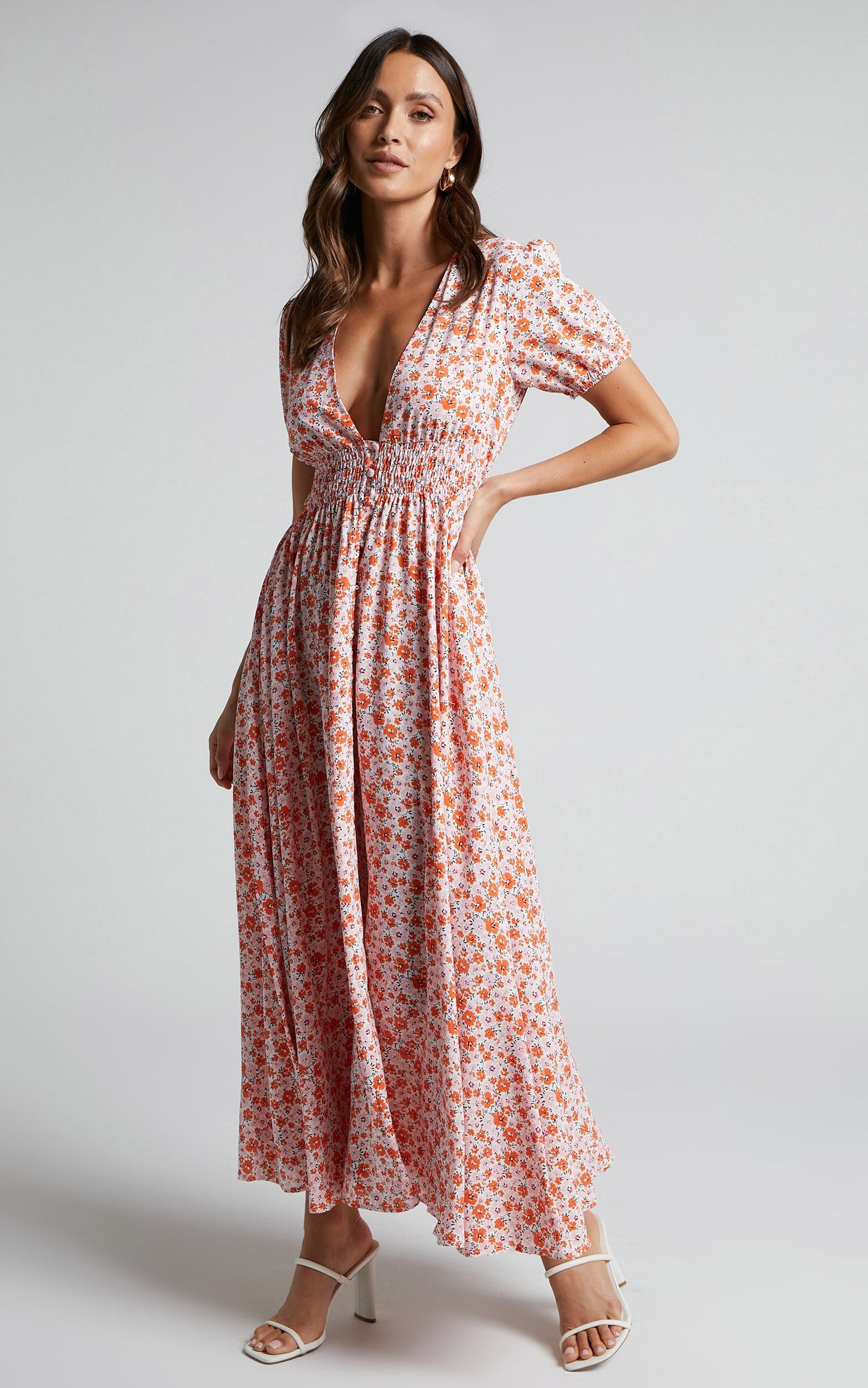Elenita Midi Dress - Short Sleeve Shirred Waist Dress in Pink Floral