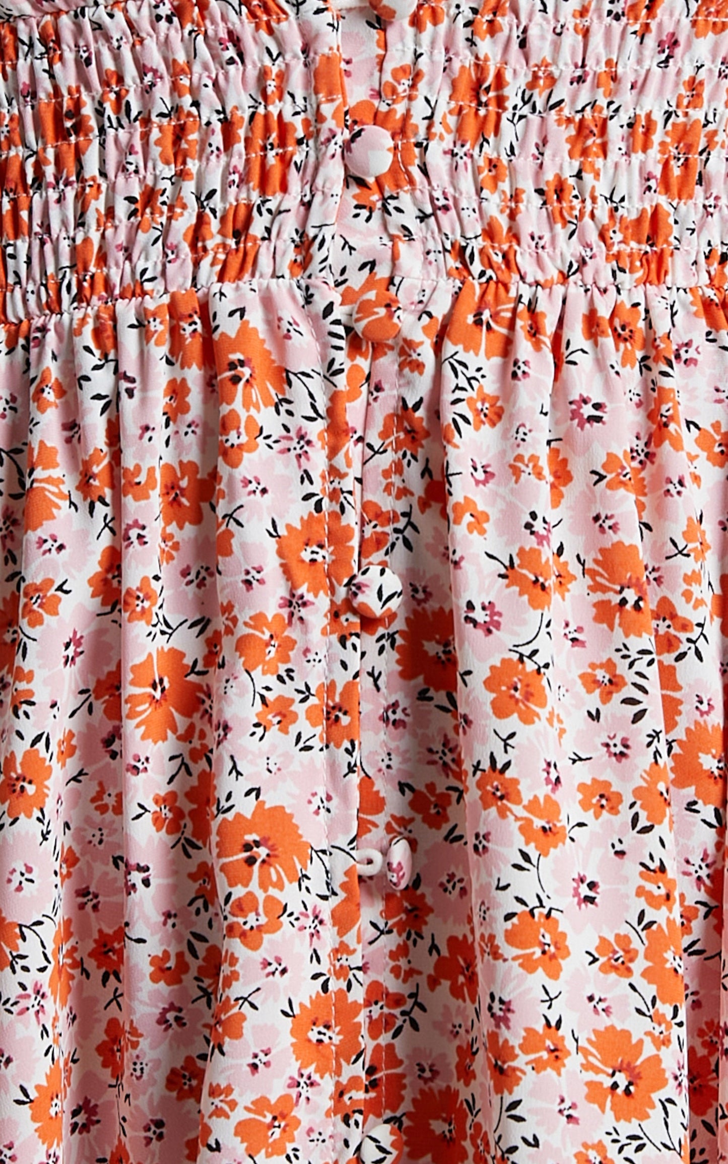 Elenita Midi Dress - Short Sleeve Shirred Waist Dress in Pink Floral