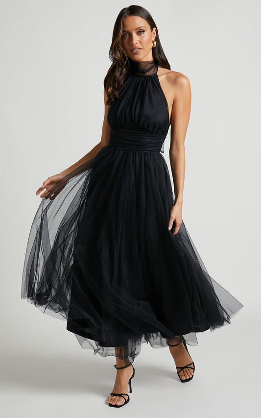 Eleonor Midi Dress - Halter Neck Bust Gathering Tulle Dress in Black