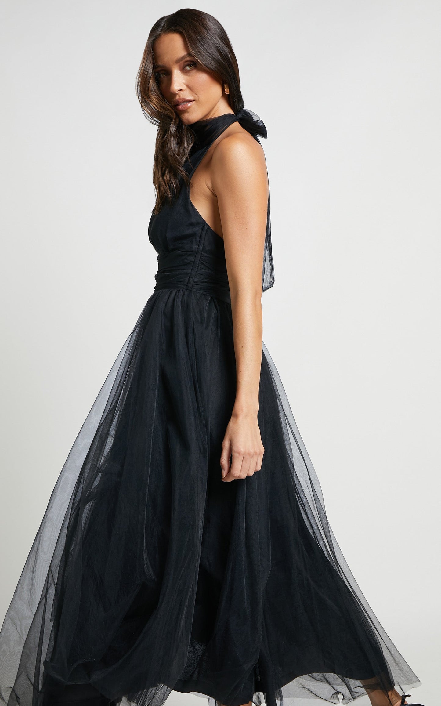 Eleonor Midi Dress - Halter Neck Bust Gathering Tulle Dress in Black