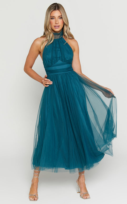 Eleonor Midi Dress - Halter Neck Bust Gathering Tulle Dress in Teal
