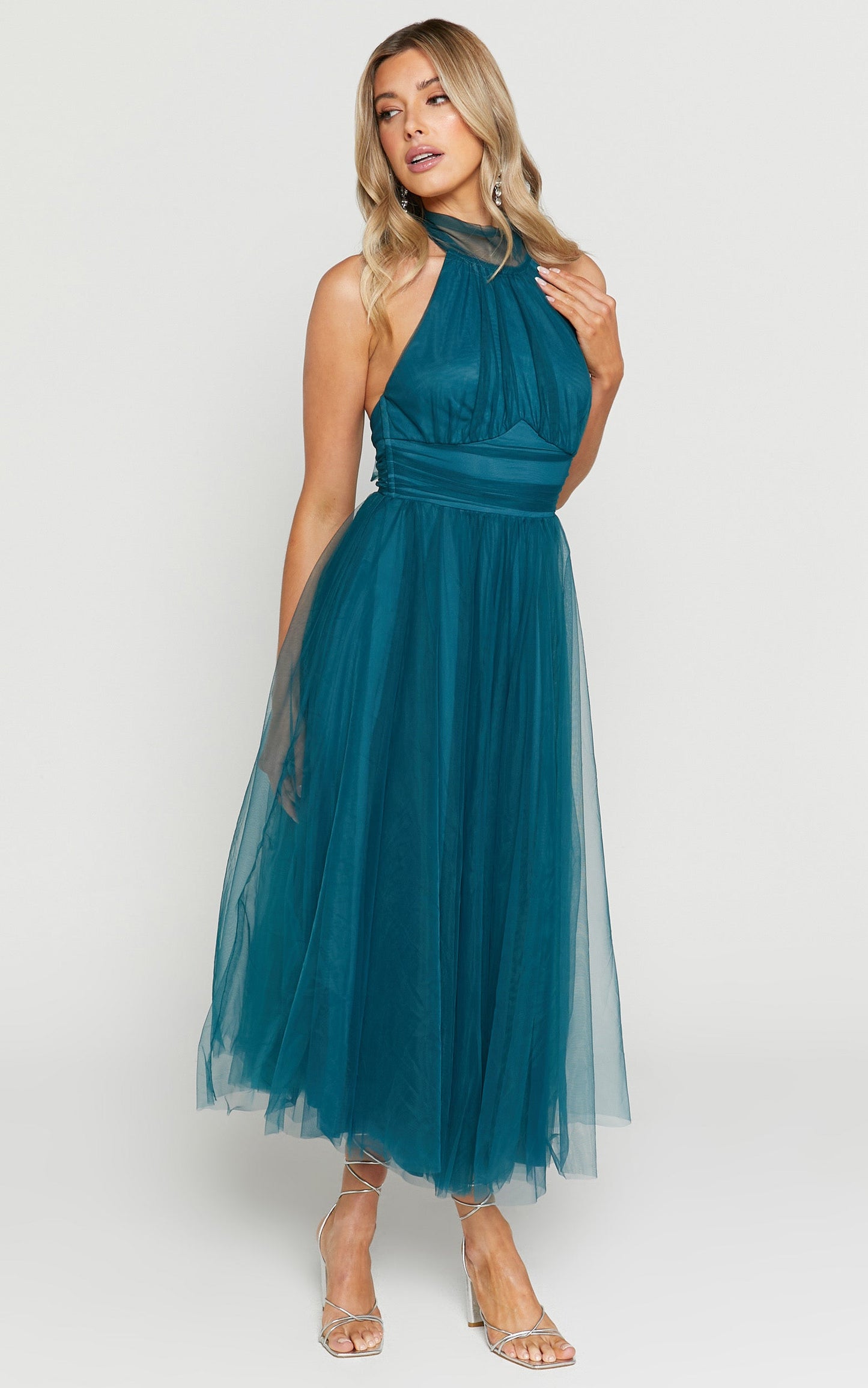 Eleonor Midi Dress - Halter Neck Bust Gathering Tulle Dress in Teal