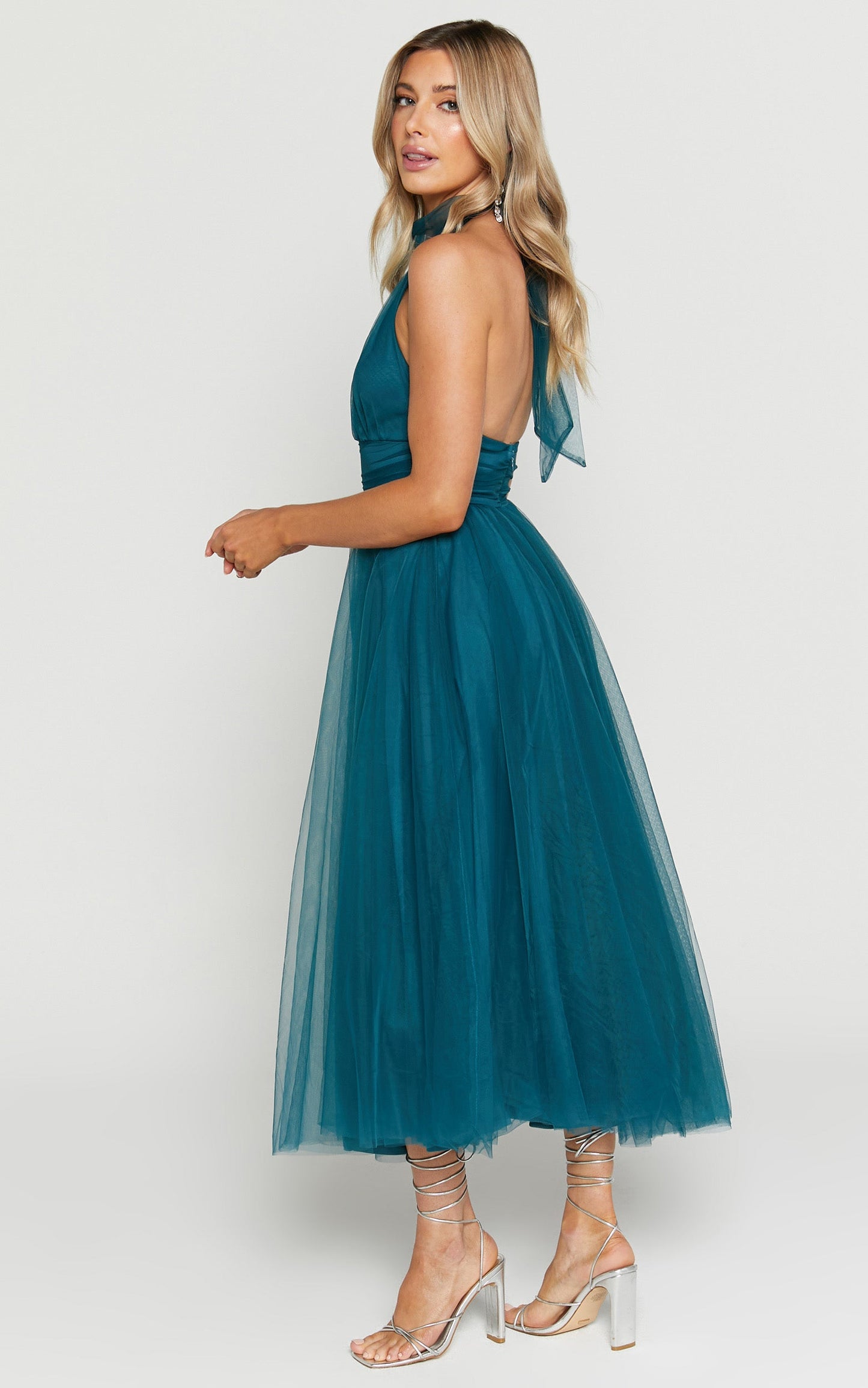 Eleonor Midi Dress - Halter Neck Bust Gathering Tulle Dress in Teal