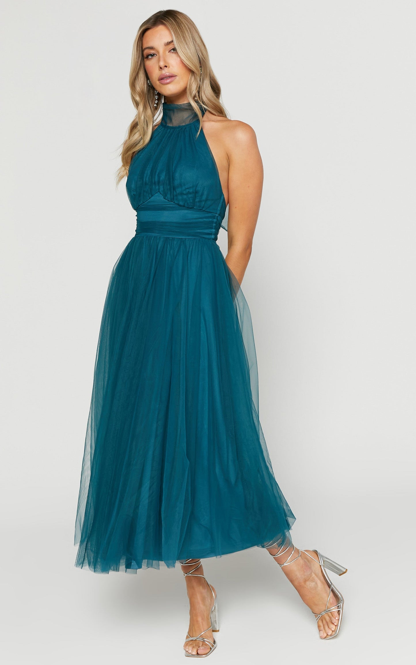 Eleonor Midi Dress - Halter Neck Bust Gathering Tulle Dress in Teal