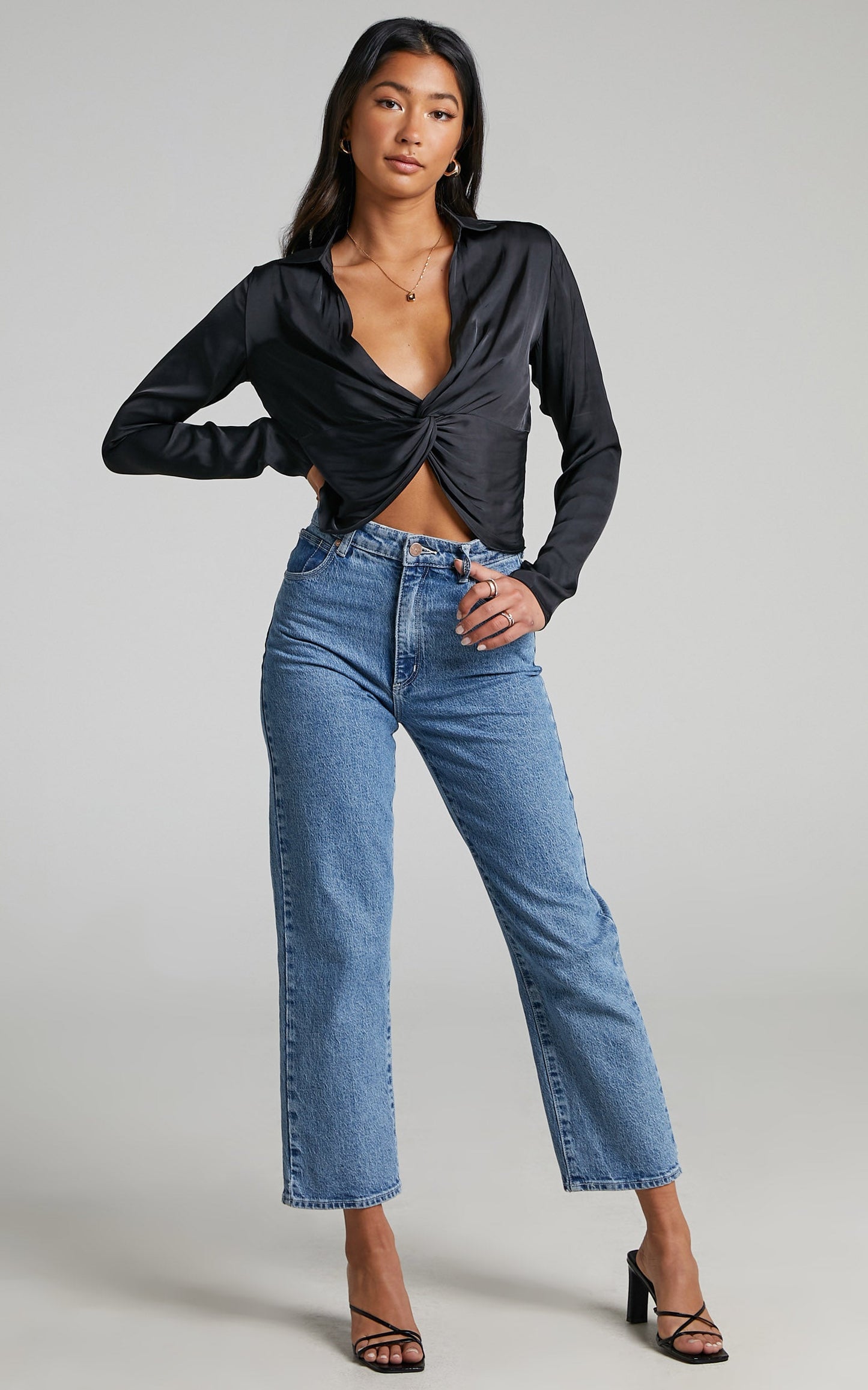 Elexis Top - Twist Front Long Sleeve Top in Black Satin