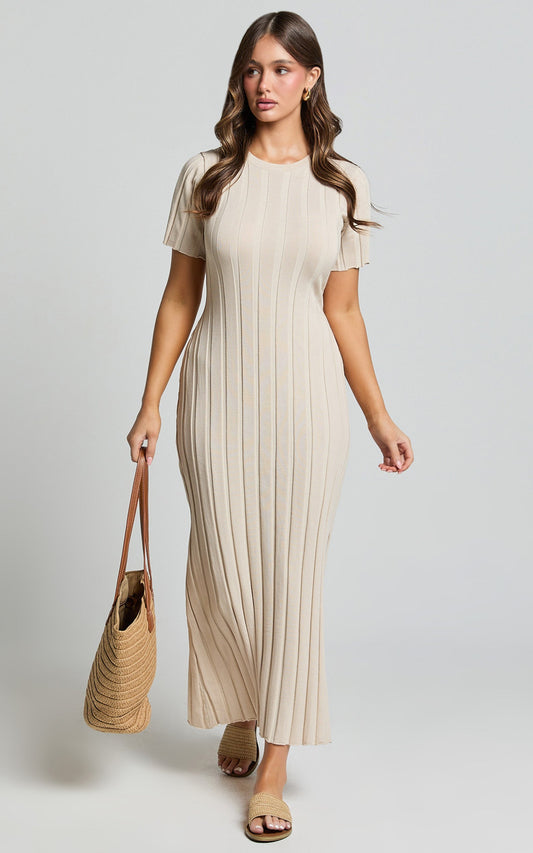 Elfha Midi Dress - Wide Rib Short Sleeve Knit Midi Dress in Sand
