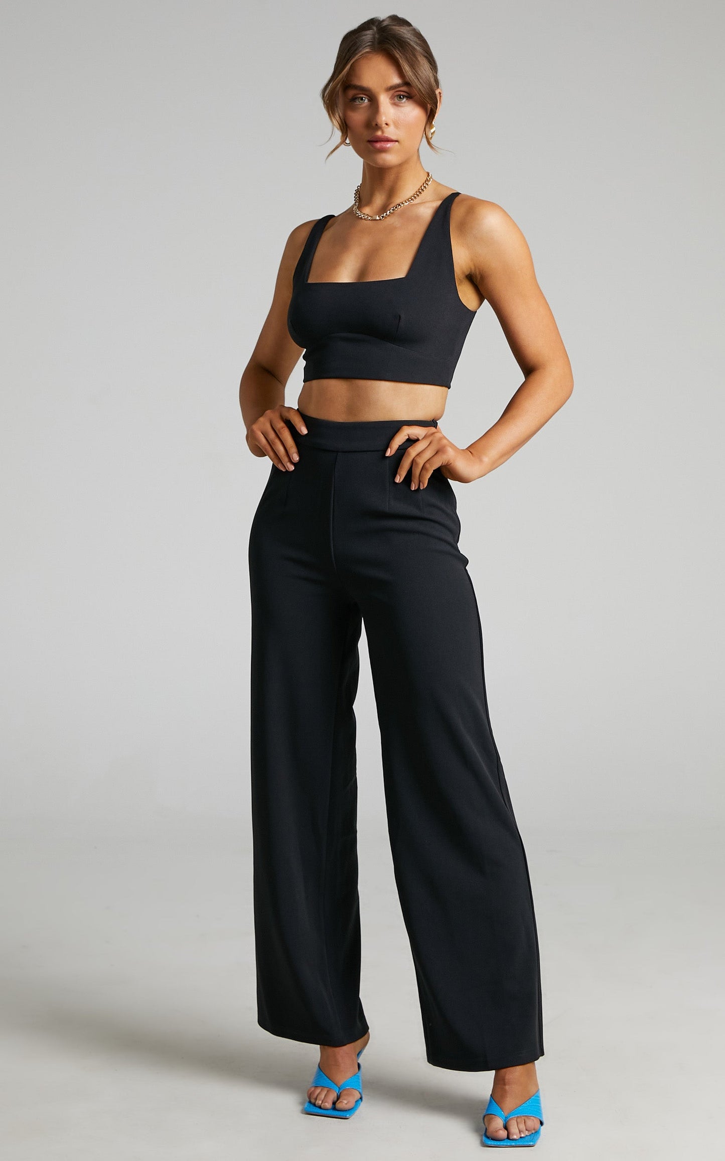 Elibeth Two Piece Set - Crop Top and High Waisted Wide Leg Pants Set in Black
