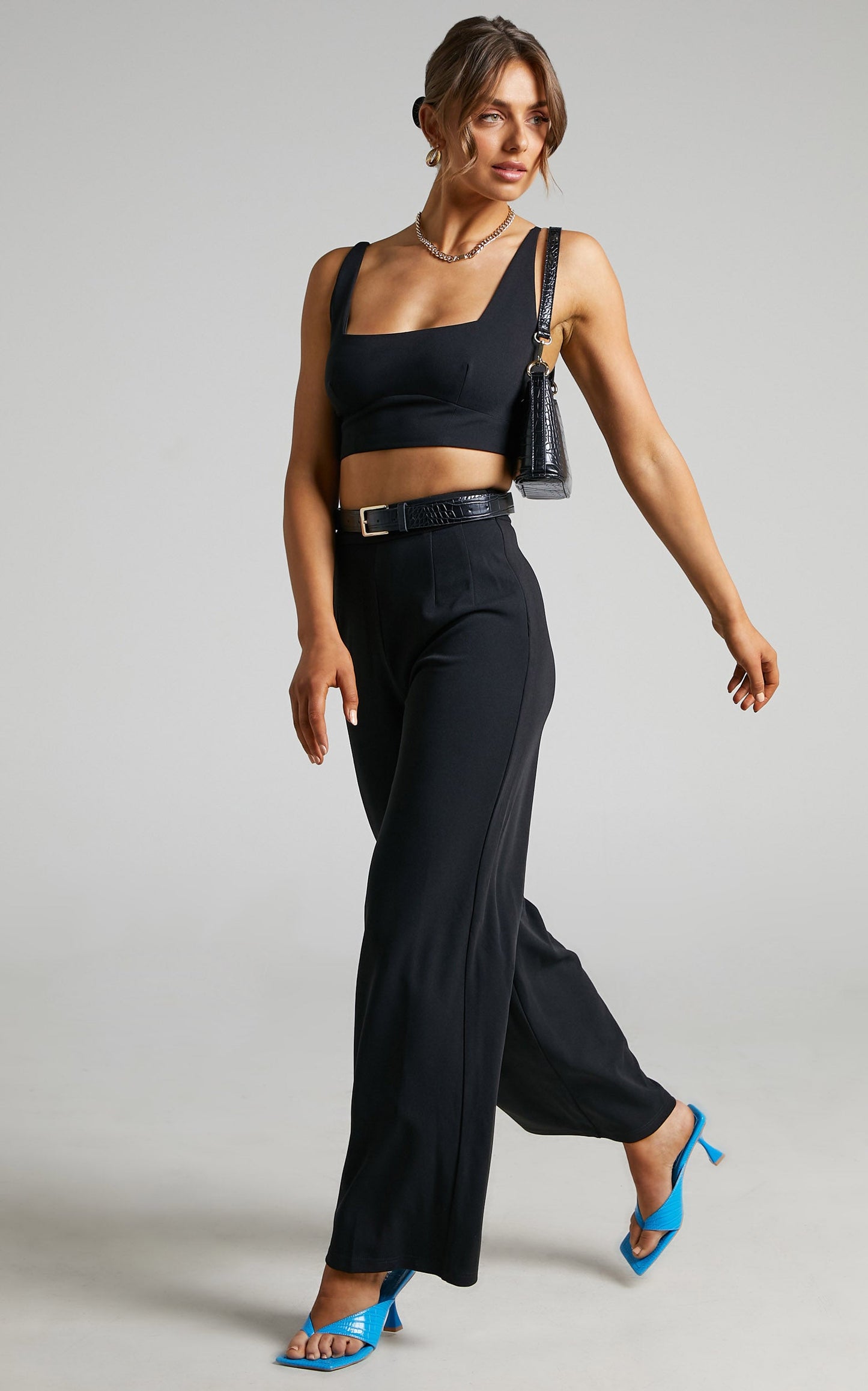 Elibeth Two Piece Set - Crop Top and High Waisted Wide Leg Pants Set in Black