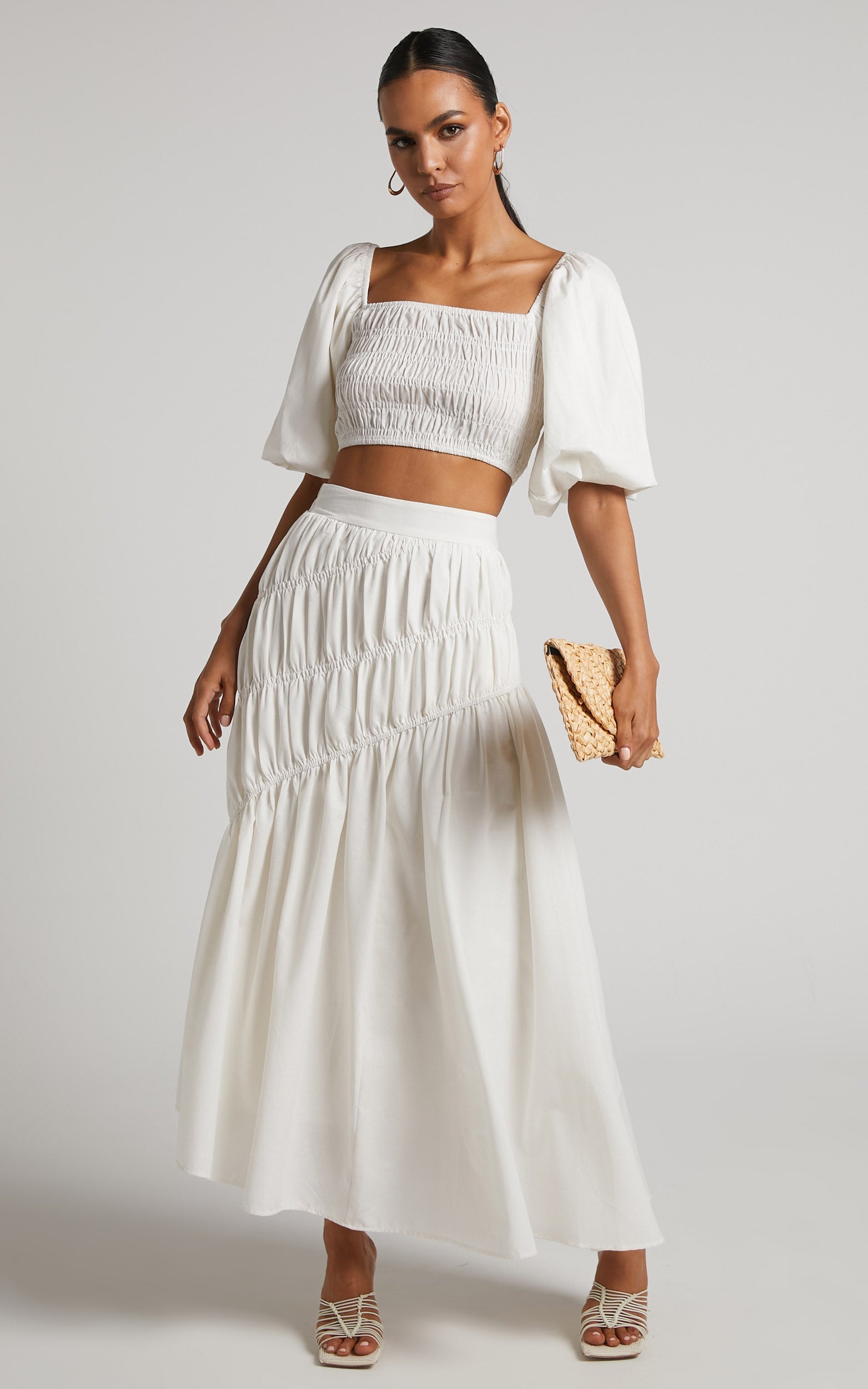 Elina Crop Top - Linen Look Shirred Puff Sleeve Top in White