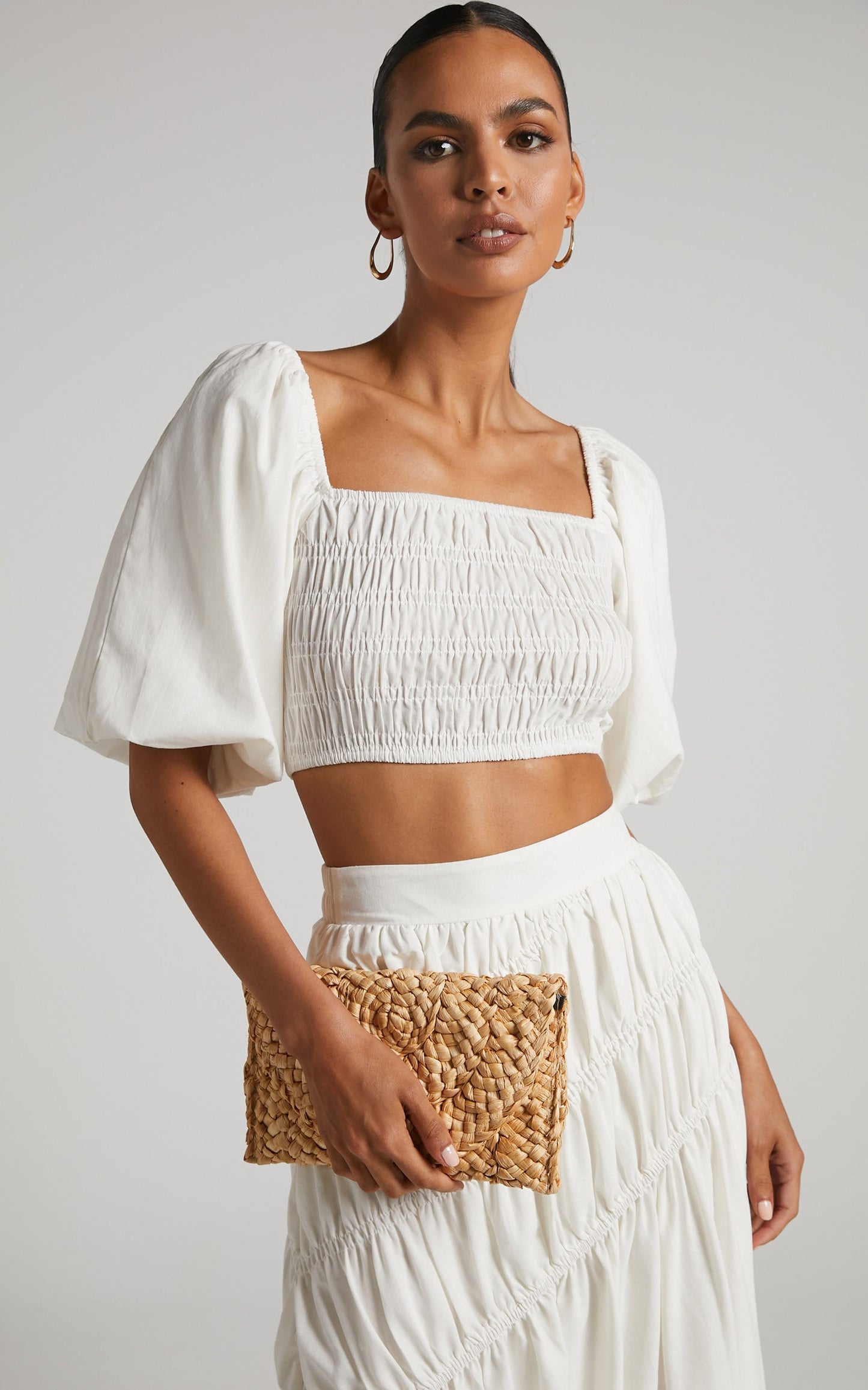 Elina Crop Top - Linen Look Shirred Puff Sleeve Top in White
