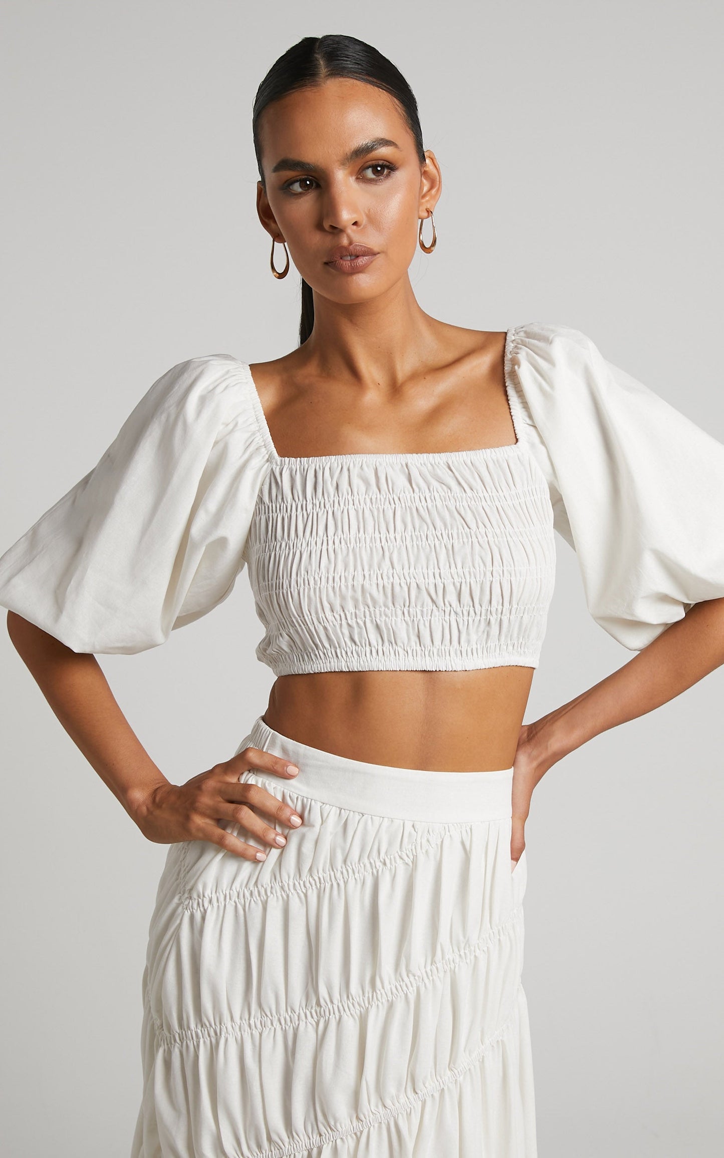 Elina Crop Top - Linen Look Shirred Puff Sleeve Top in White