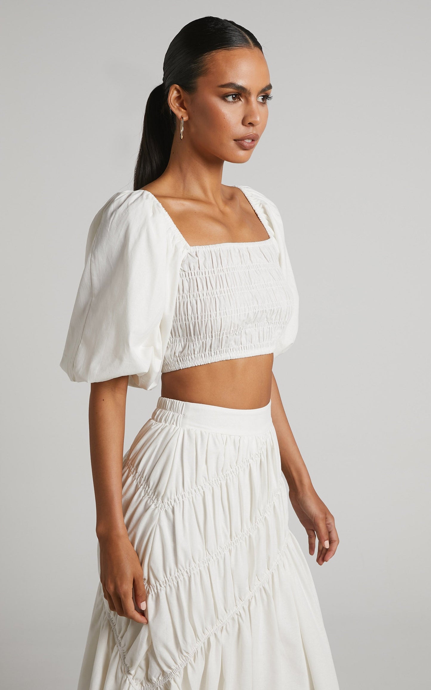 Elina Crop Top - Linen Look Shirred Puff Sleeve Top in White