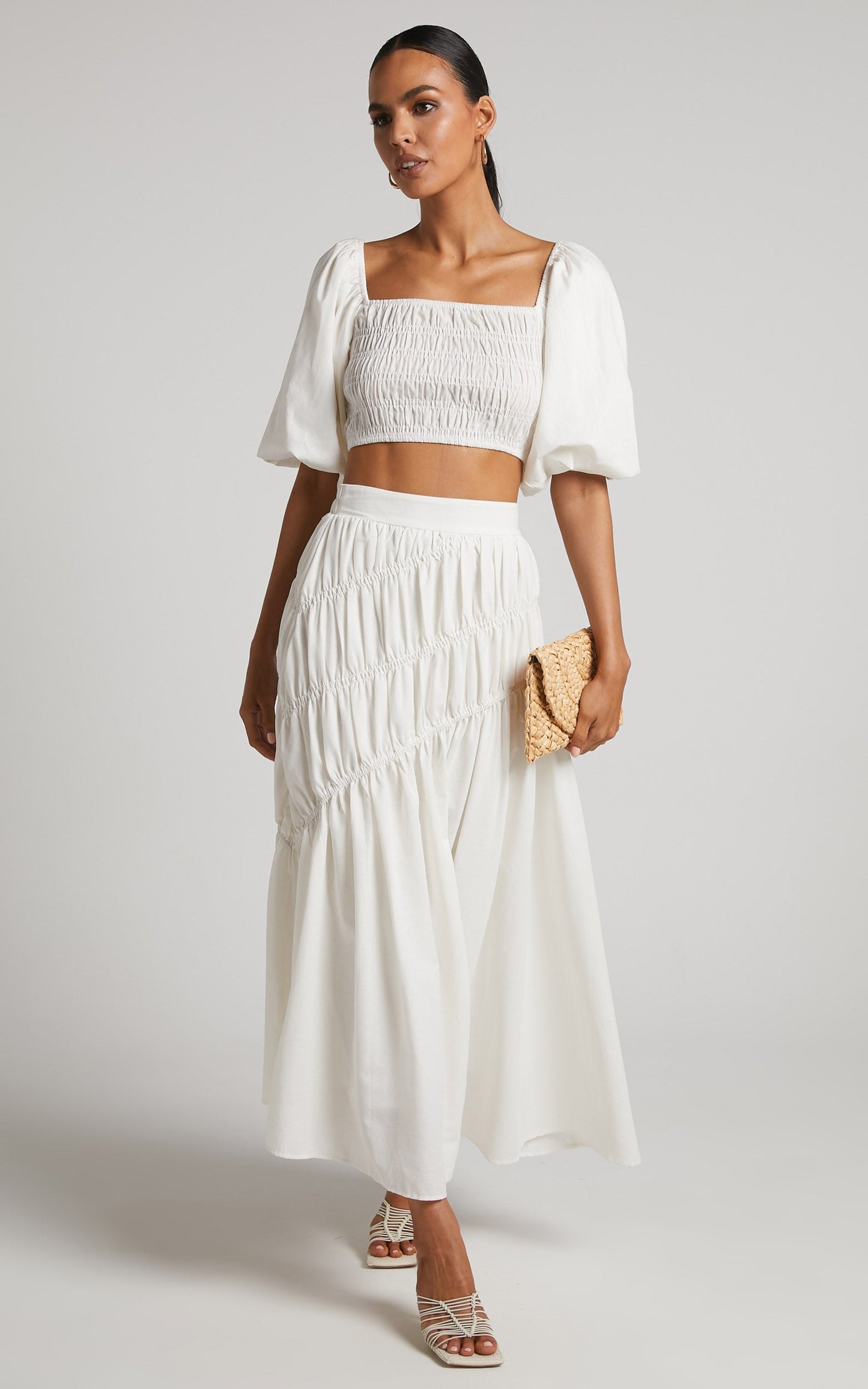 Elina Maxi Skirt - Linen Look Shirred Tiered Skirt in White