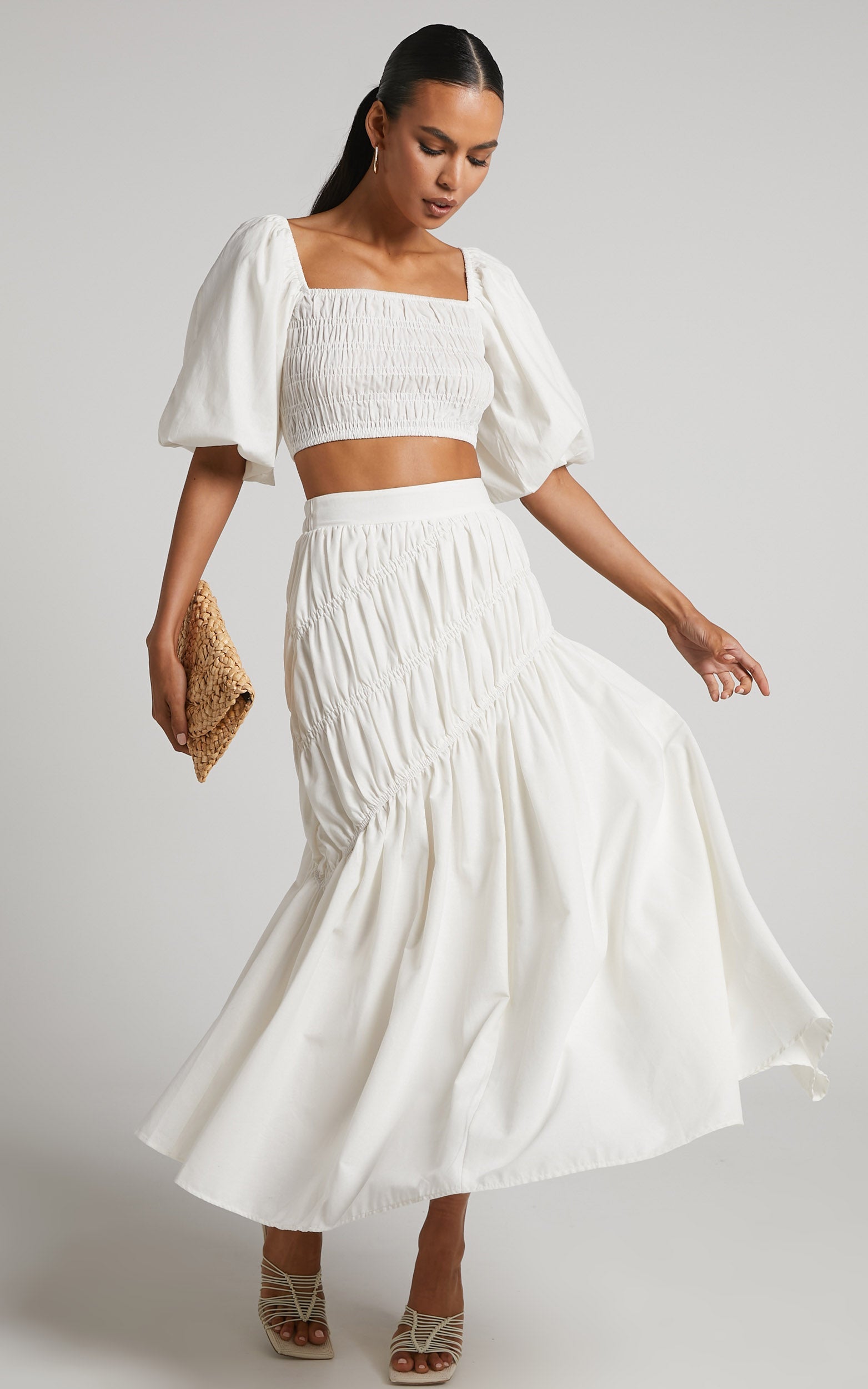 Elina Maxi Skirt - Linen Look Shirred Tiered Skirt in White