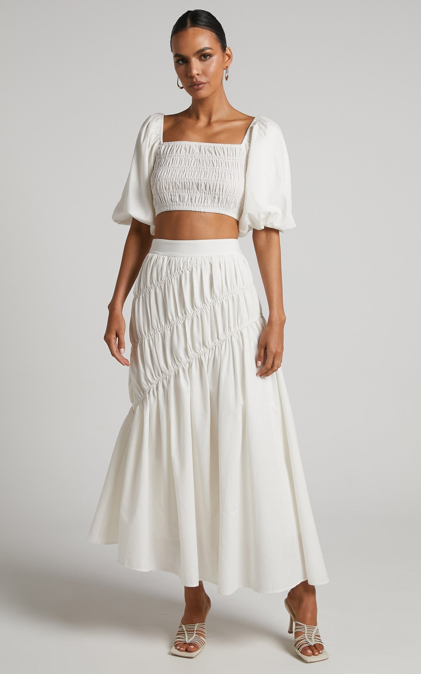 Elina Maxi Skirt - Linen Look Shirred Tiered Skirt in White