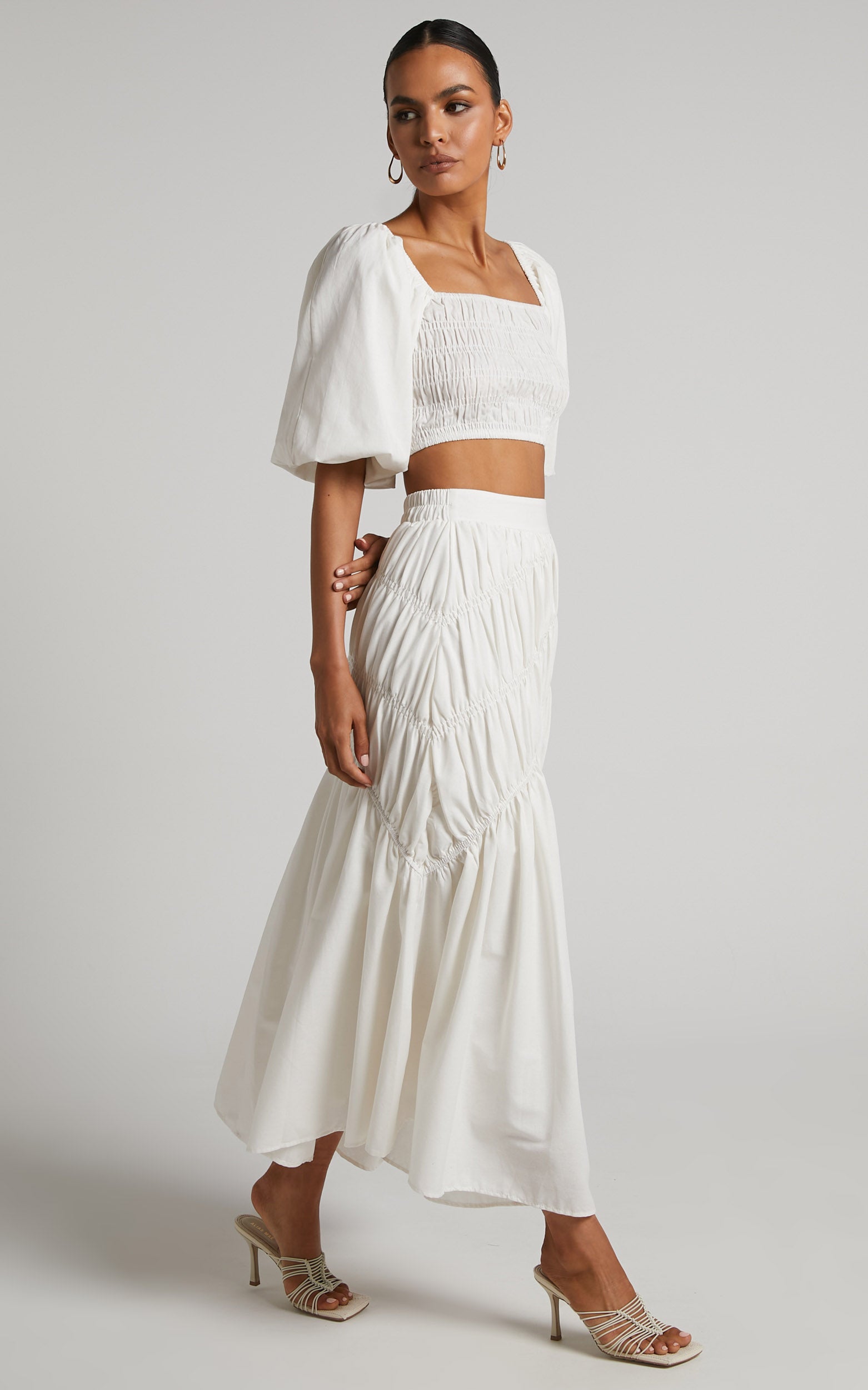 Elina Maxi Skirt - Linen Look Shirred Tiered Skirt in White