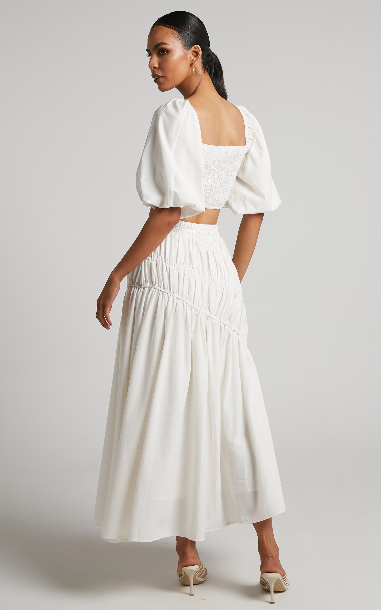 Elina Maxi Skirt - Linen Look Shirred Tiered Skirt in White