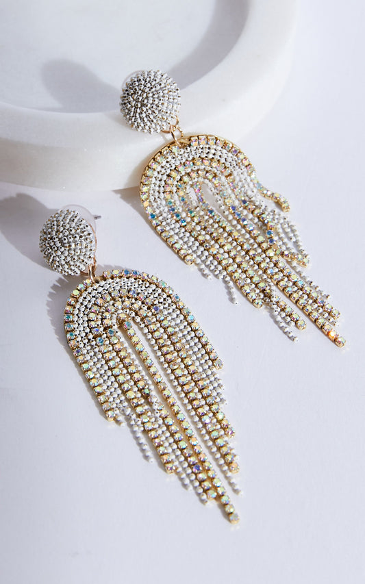 Elincia Earrings - Multicoloured Fringe Drop Earrings in Silver Diamante