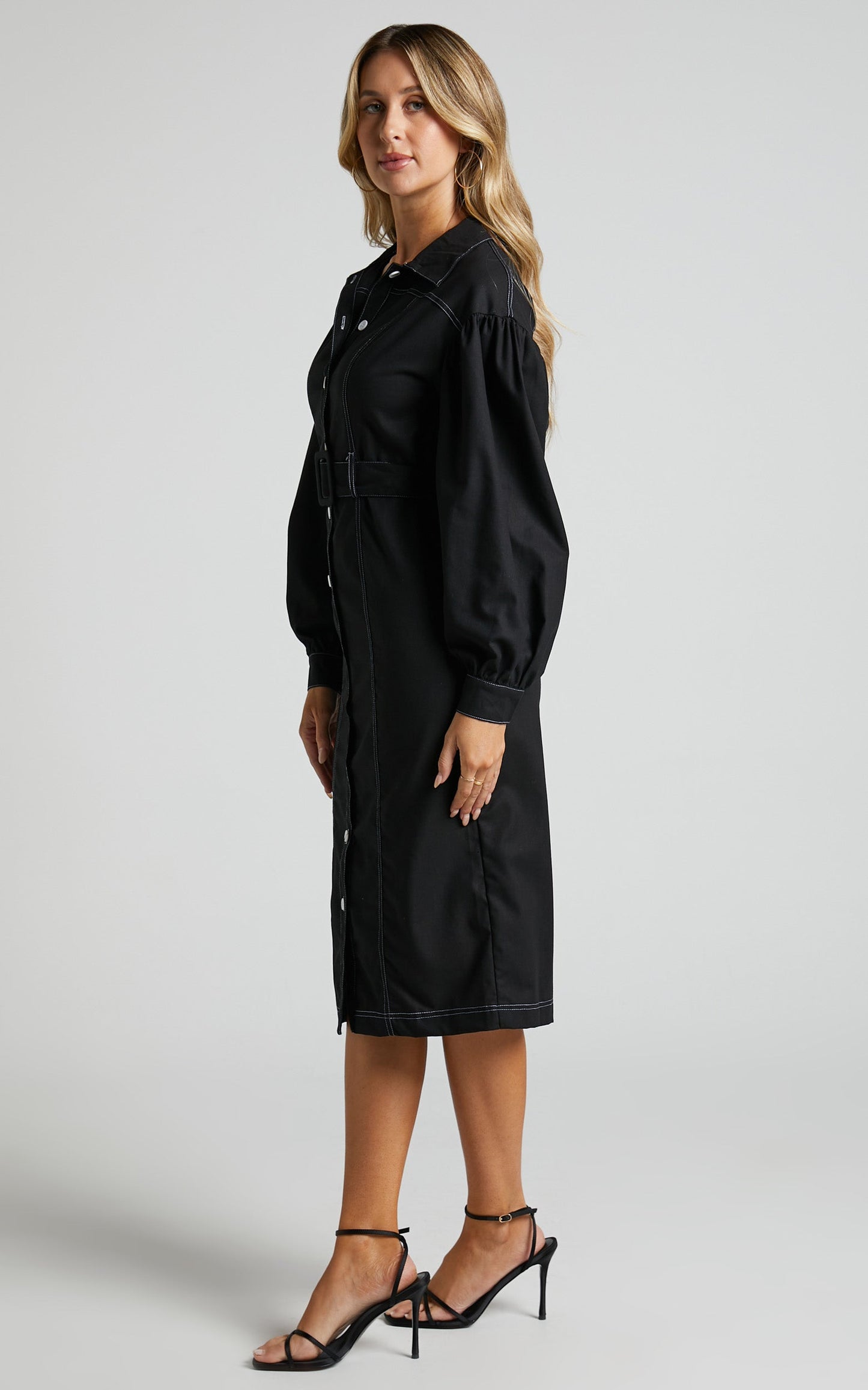 Elisha Midi Dress - Linen Look Balloon Sleeve Belted Button Down Dress in Black