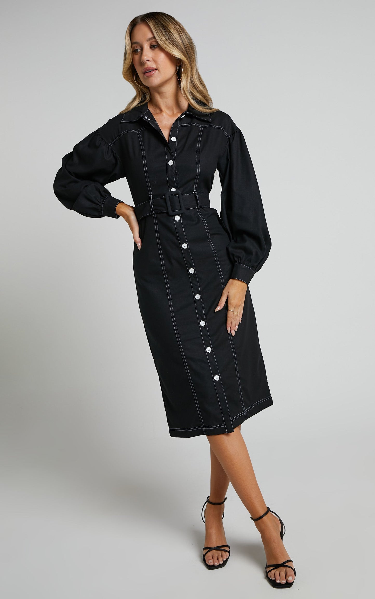 Elisha Midi Dress - Linen Look Balloon Sleeve Belted Button Down Dress in Black