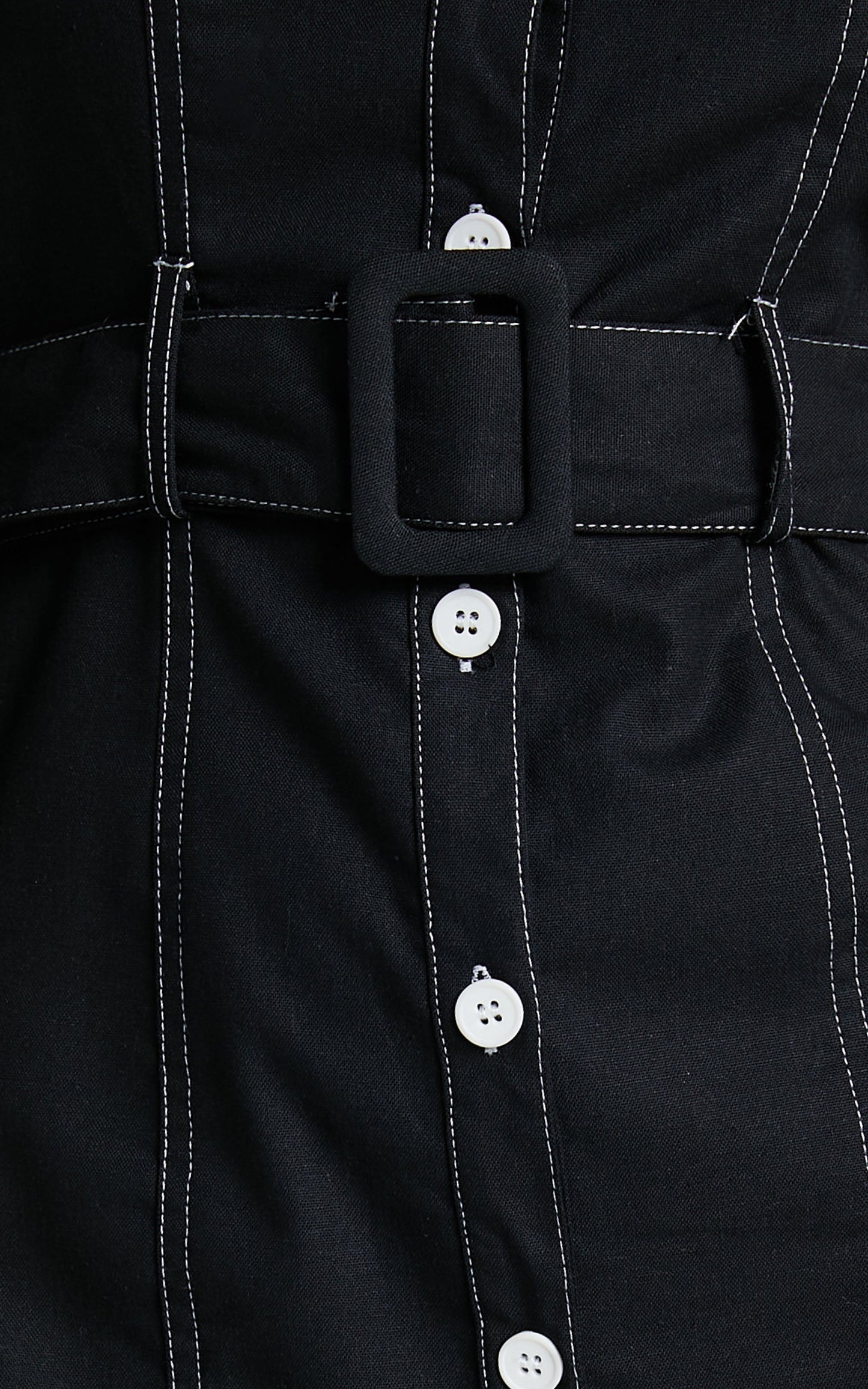 Elisha Midi Dress - Linen Look Balloon Sleeve Belted Button Down Dress in Black