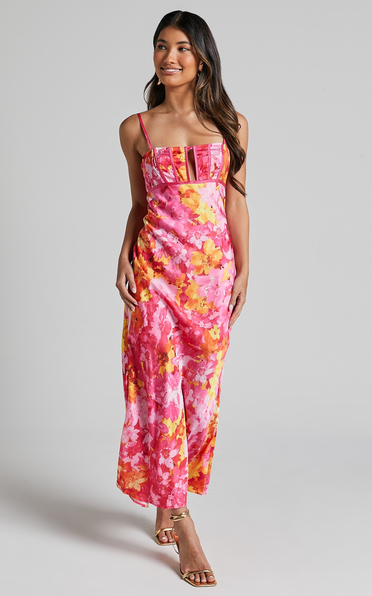 Eliza Midi Dress - Ruched Bust Cut Out Dress in Pink Floral