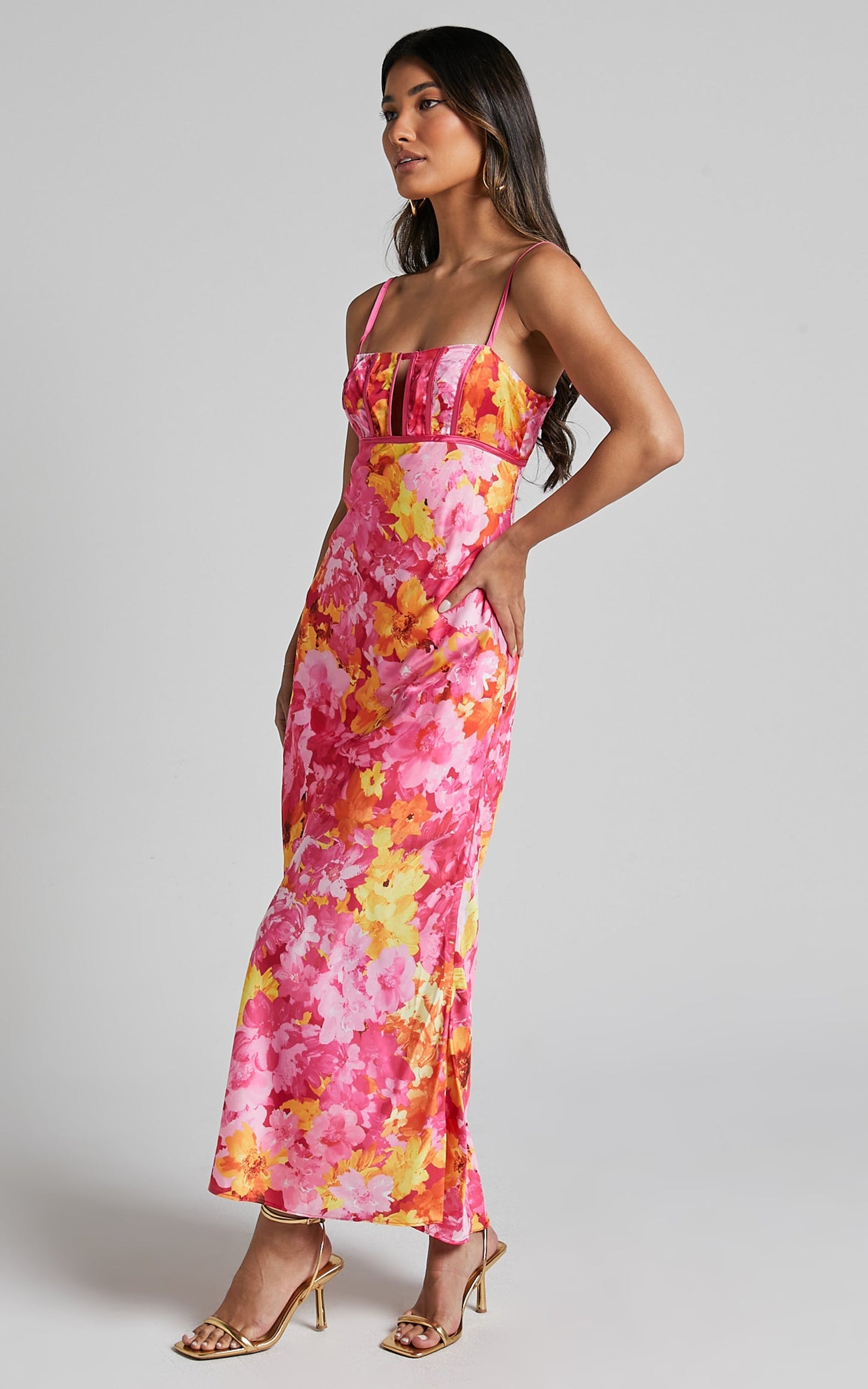 Eliza Midi Dress - Ruched Bust Cut Out Dress in Pink Floral