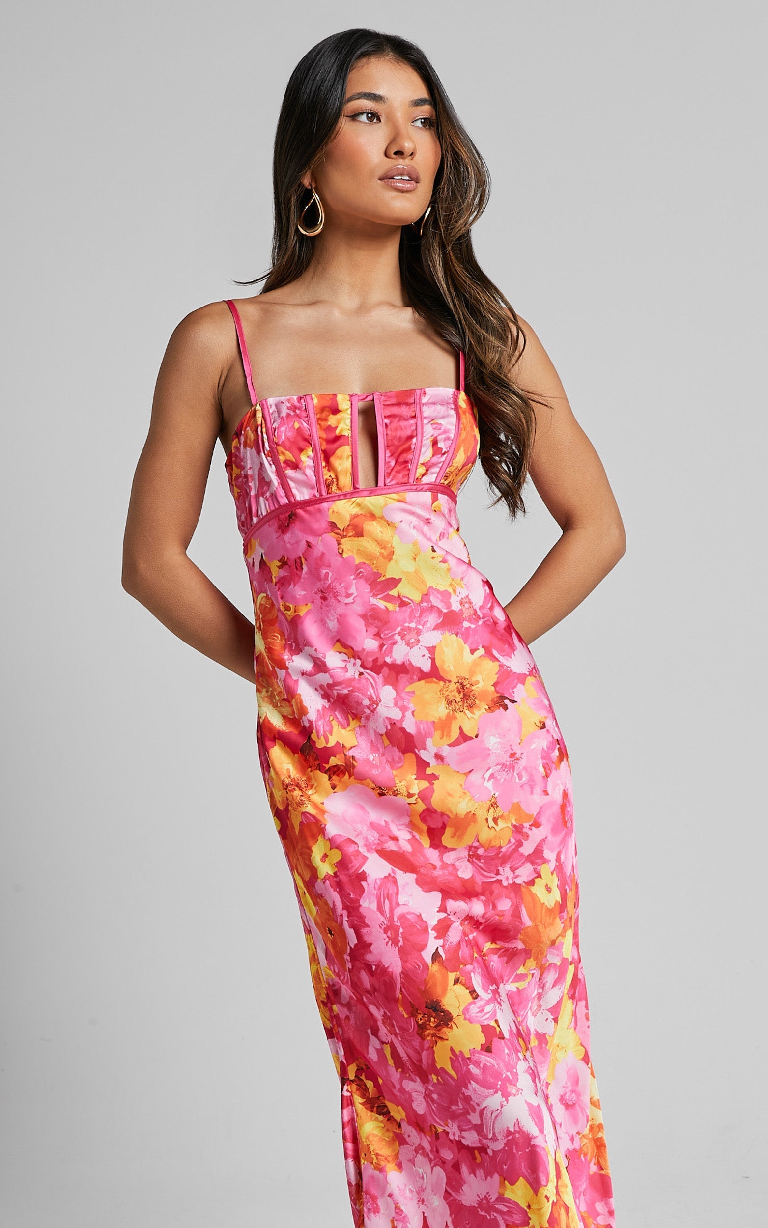 Eliza Midi Dress - Ruched Bust Cut Out Dress in Pink Floral