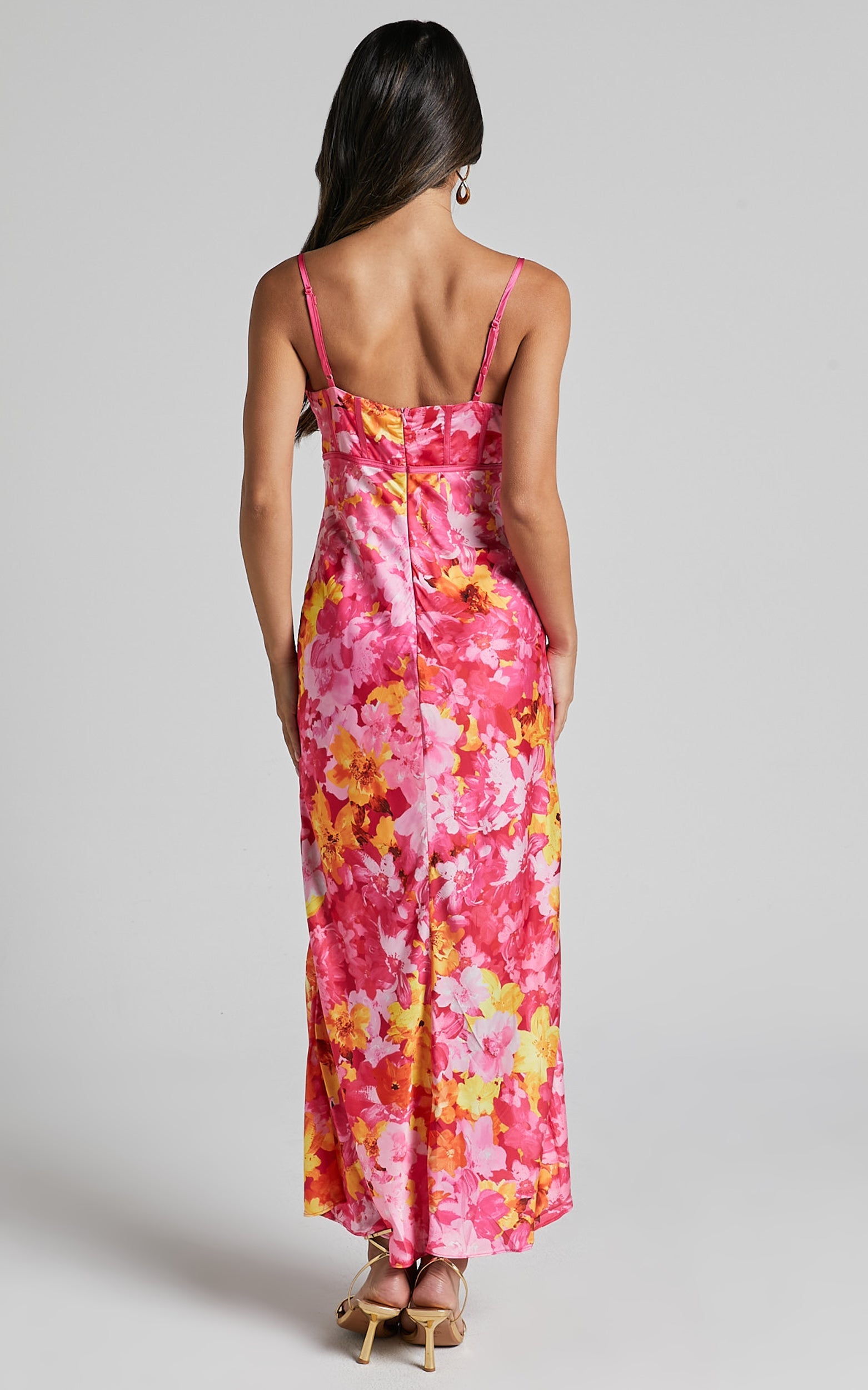 Eliza Midi Dress - Ruched Bust Cut Out Dress in Pink Floral