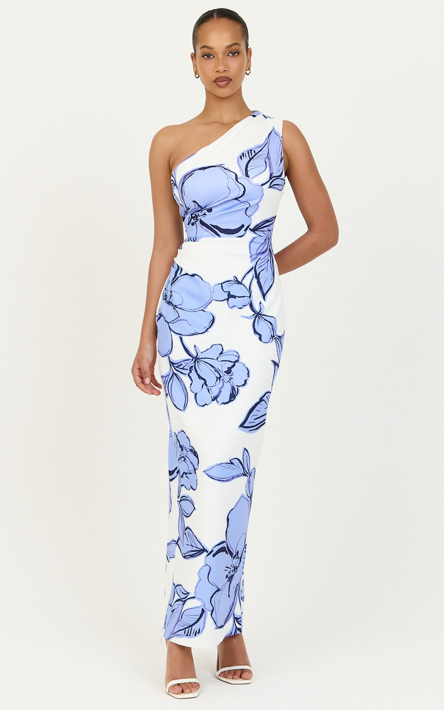 Elke Midi Dress - One Shoulder Fitted Dress in Blue Bouquet Di Fiori Print