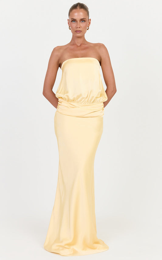 Ella Maxi Dress - Strapless Blouson Dress With Twist Detail in Lemon