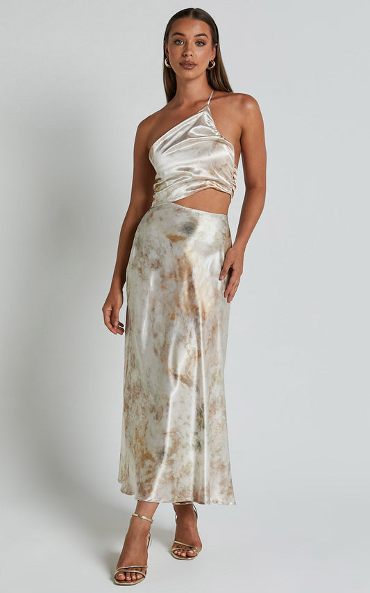 Ella Midi Dress - Asymmetric Strap Detail Satin Dress in STONE MARBLE PRINT