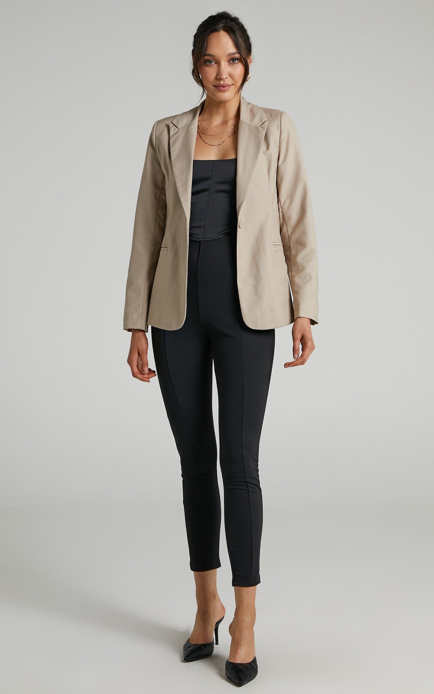 Ellara Curved Hem Fitted Blazer in Beige