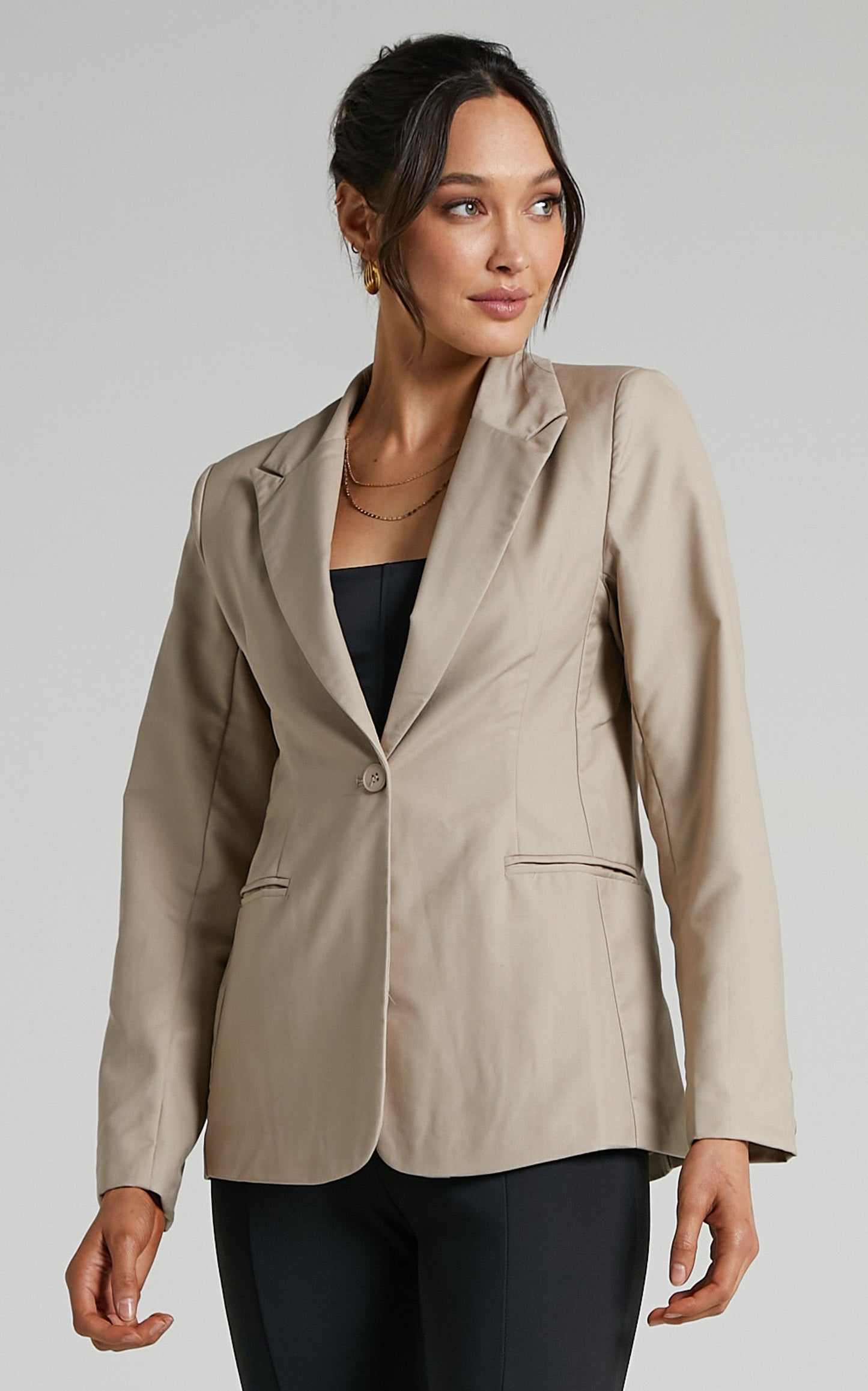 Ellara Curved Hem Fitted Blazer in Beige