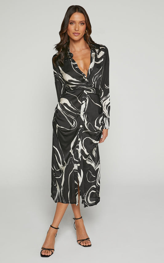 Ellianna Midi Dress - Long Sleeve Knot Twist Dress in Black Swirl