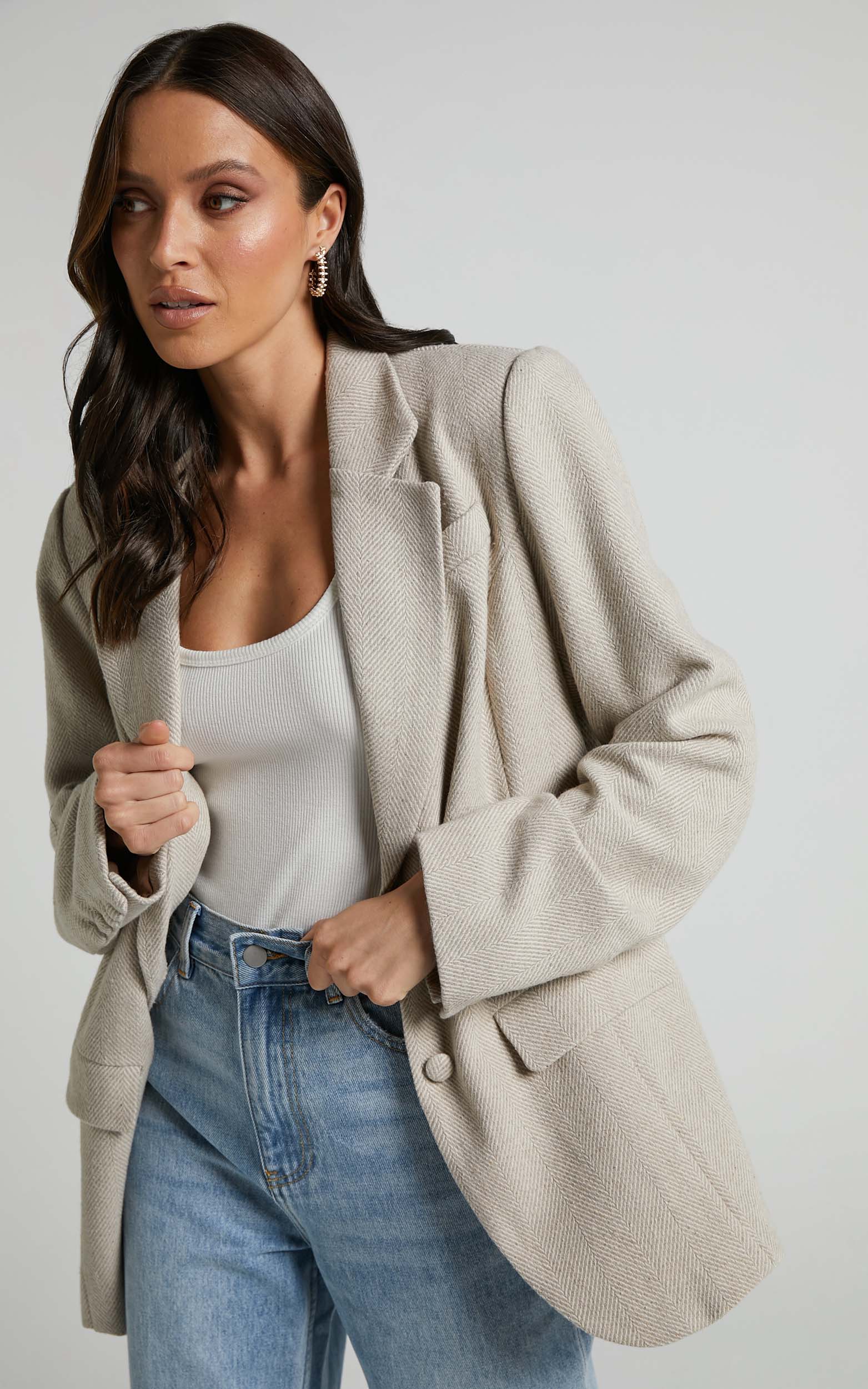 Elliat Blazer - Single Breasted Long Sleeve in Neutral Herringbone