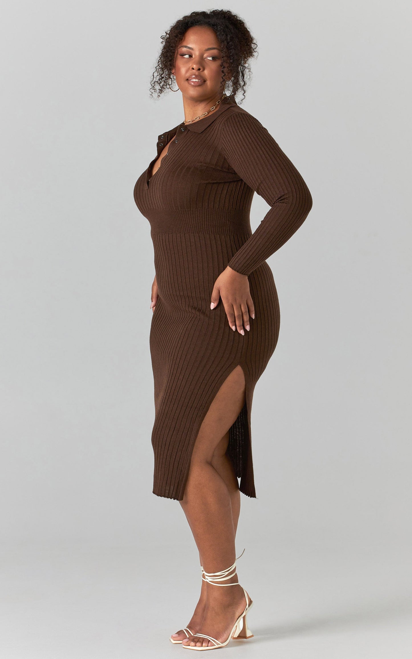 Ellidy Collared Midi Knit Dress in Dark Chocolate Brown
