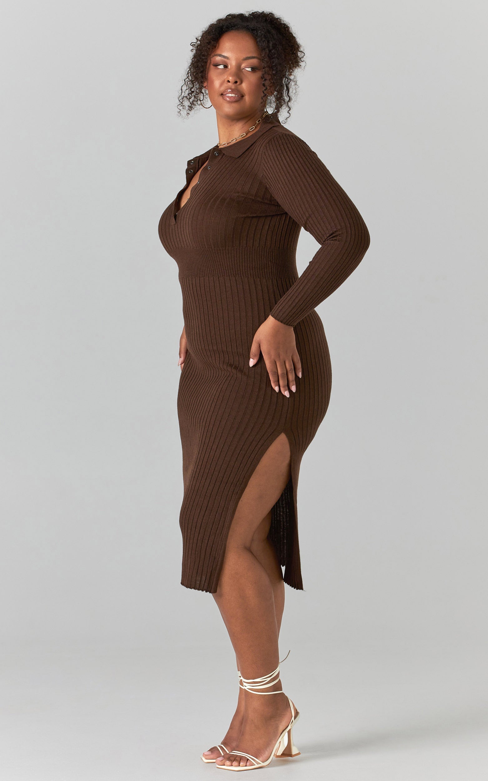Ellidy Collared Midi Knit Dress in Dark Chocolate Brown