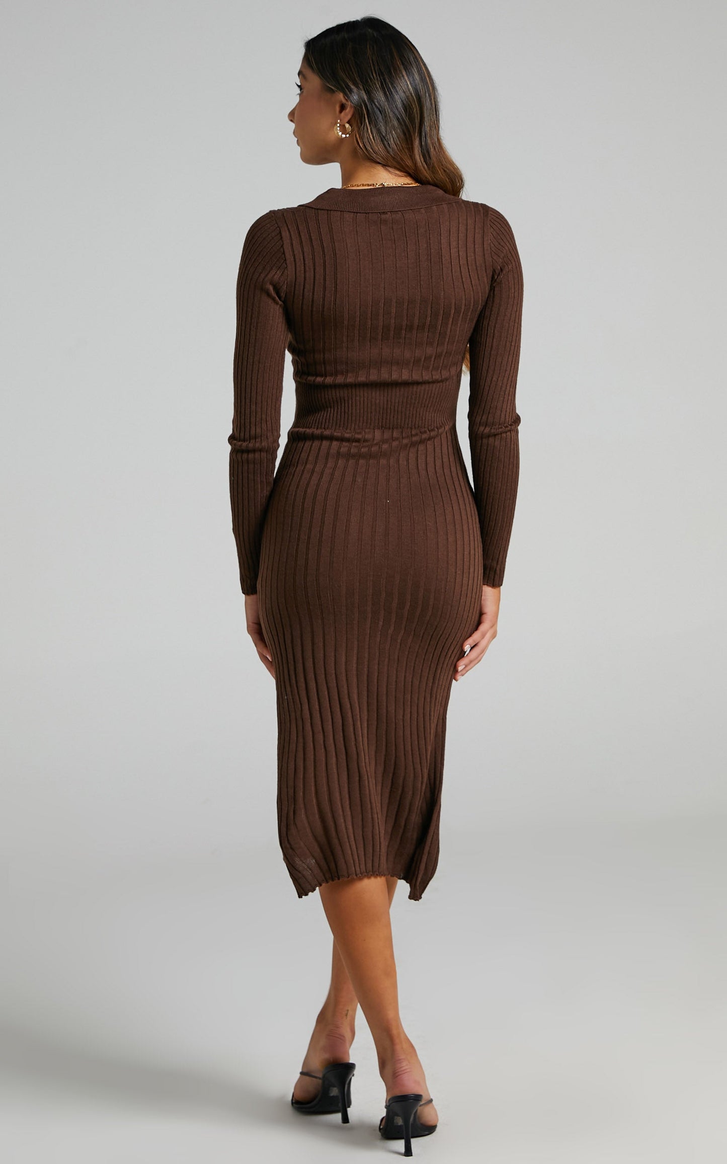 Ellidy Collared Midi Knit Dress in Dark Chocolate Brown