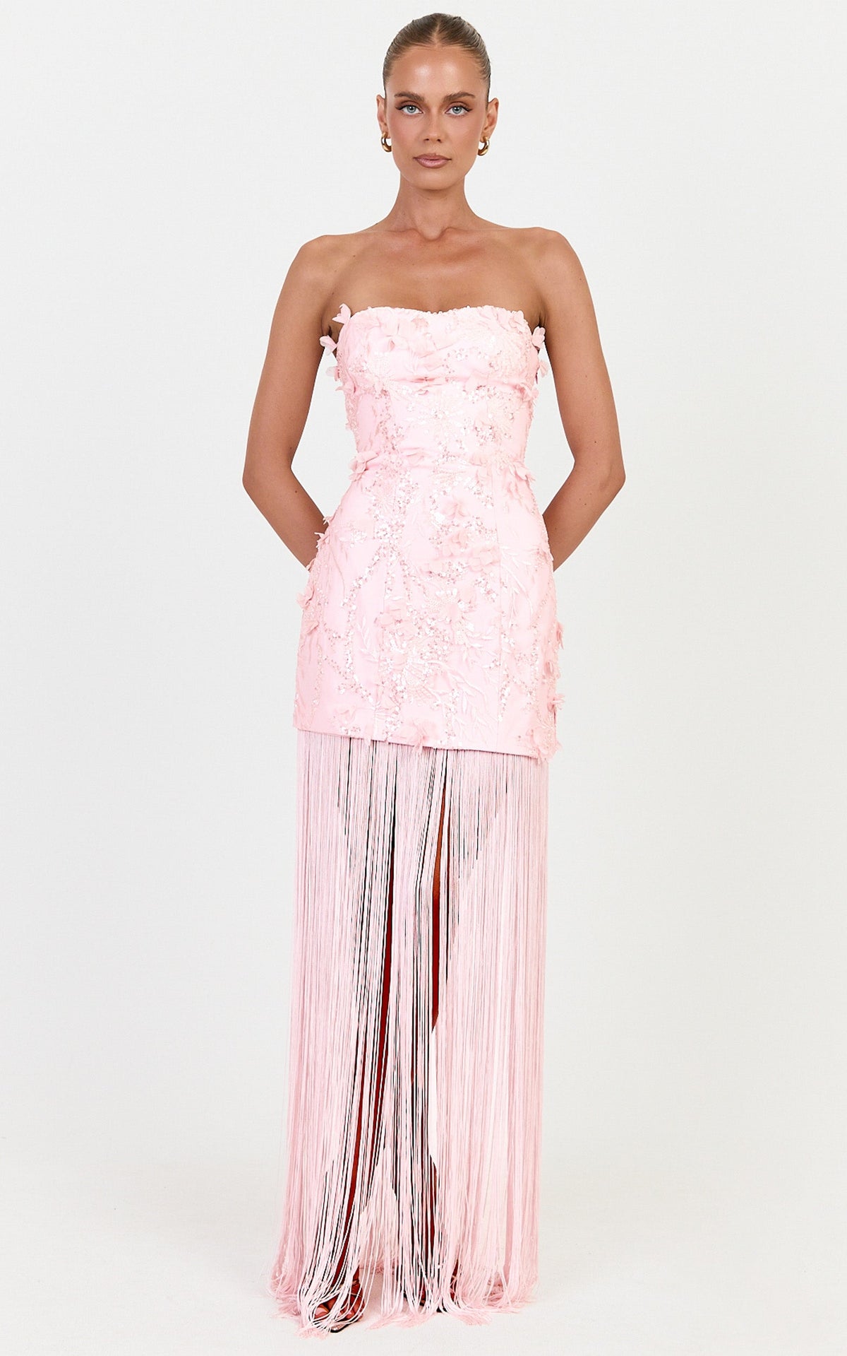 Ellie Maxi Dress - Embellished 3D Floral Bodice Drop Waist With Fringe Skirt in Pink