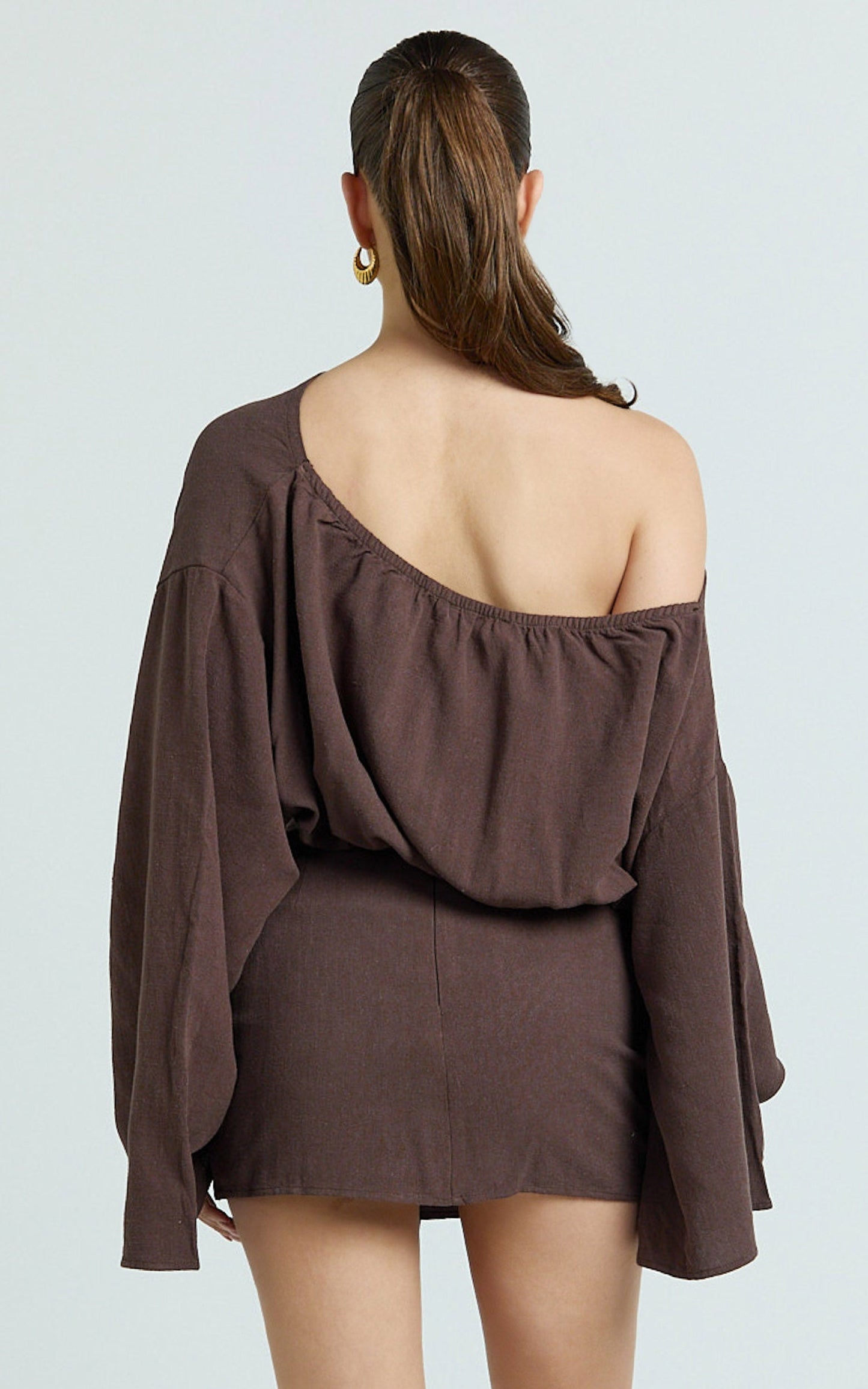 Elly Two Piece Top and Skirt Set - Asymmetric Boat Neck Elastic Hem Top and Tie Front Wrap Skirt Set in Chocolate