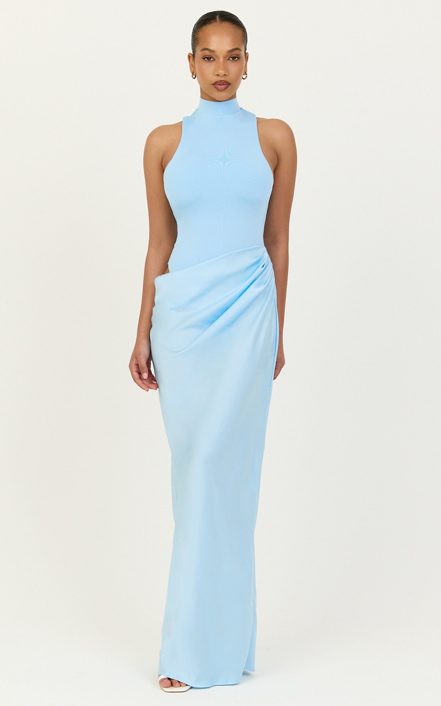 Elodie Maxi Dress - High Neck Draped Overlay Dress in Light Blue